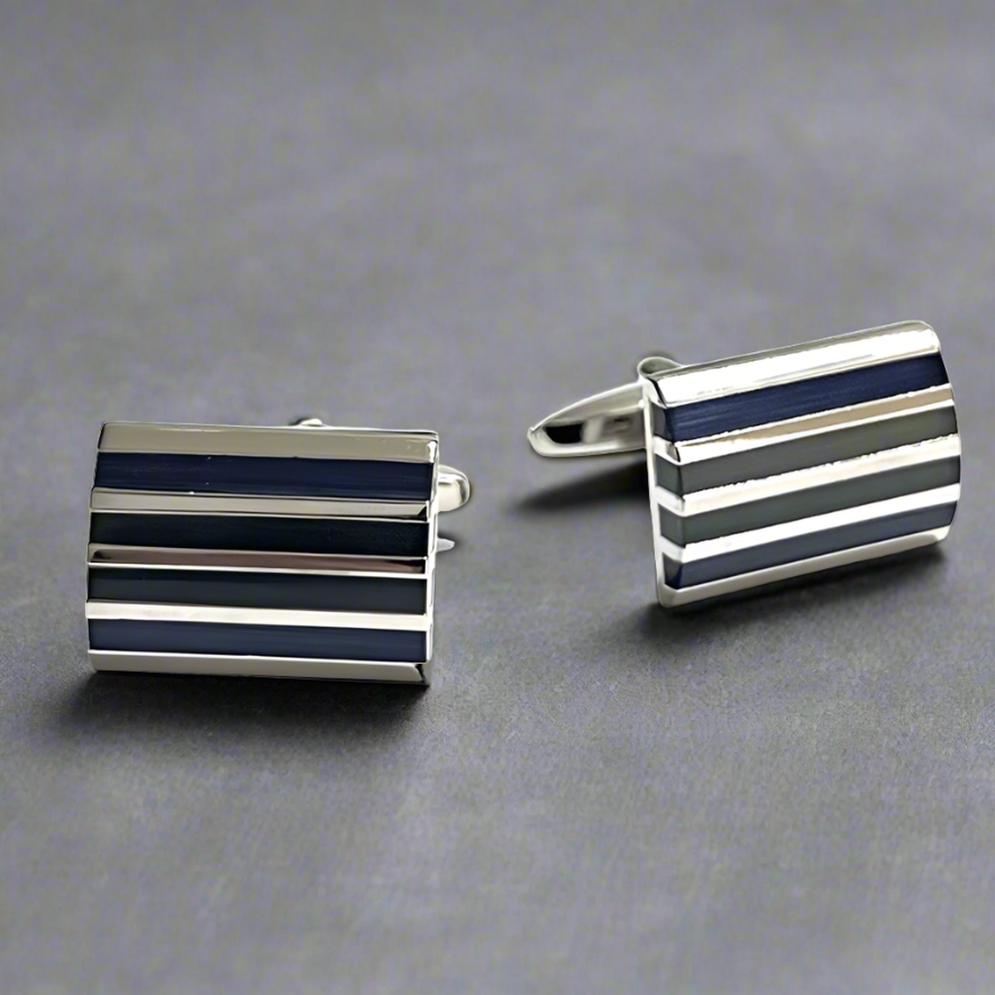 Rectangle Horizonal Silver and Blue Grey Enamal Cufflinks
