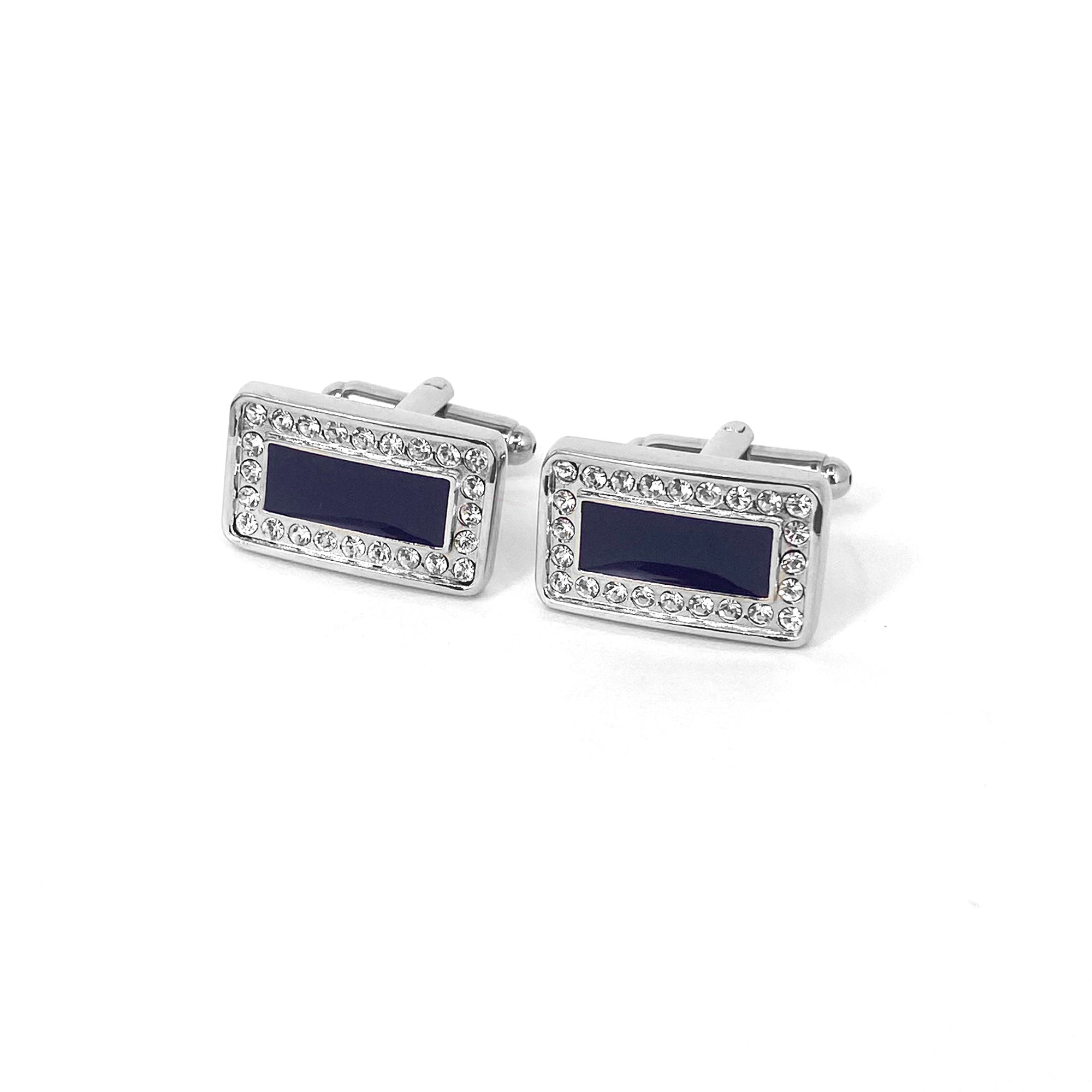 Rectangle Black Enamel Centerpiece with 24 Clear Crystals Cufflinks (Online Exclusive)