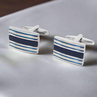 Rectangle Horizonal silver and Thick blue enamal  Cufflinks