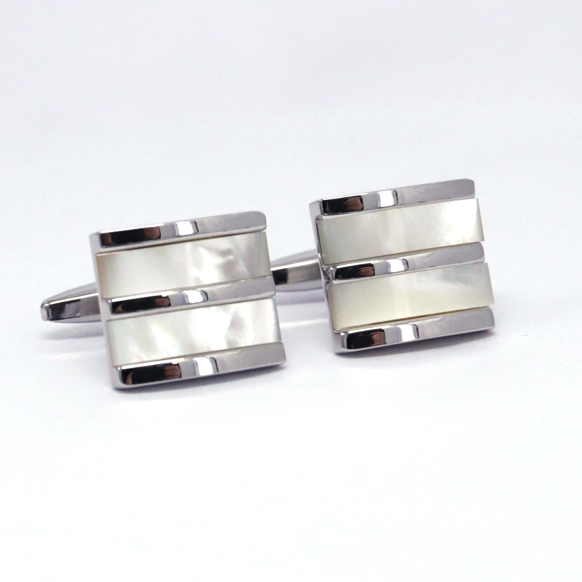 Mother Of Pearl  Stripe Silver horizontal  Rectangle Cufflinks