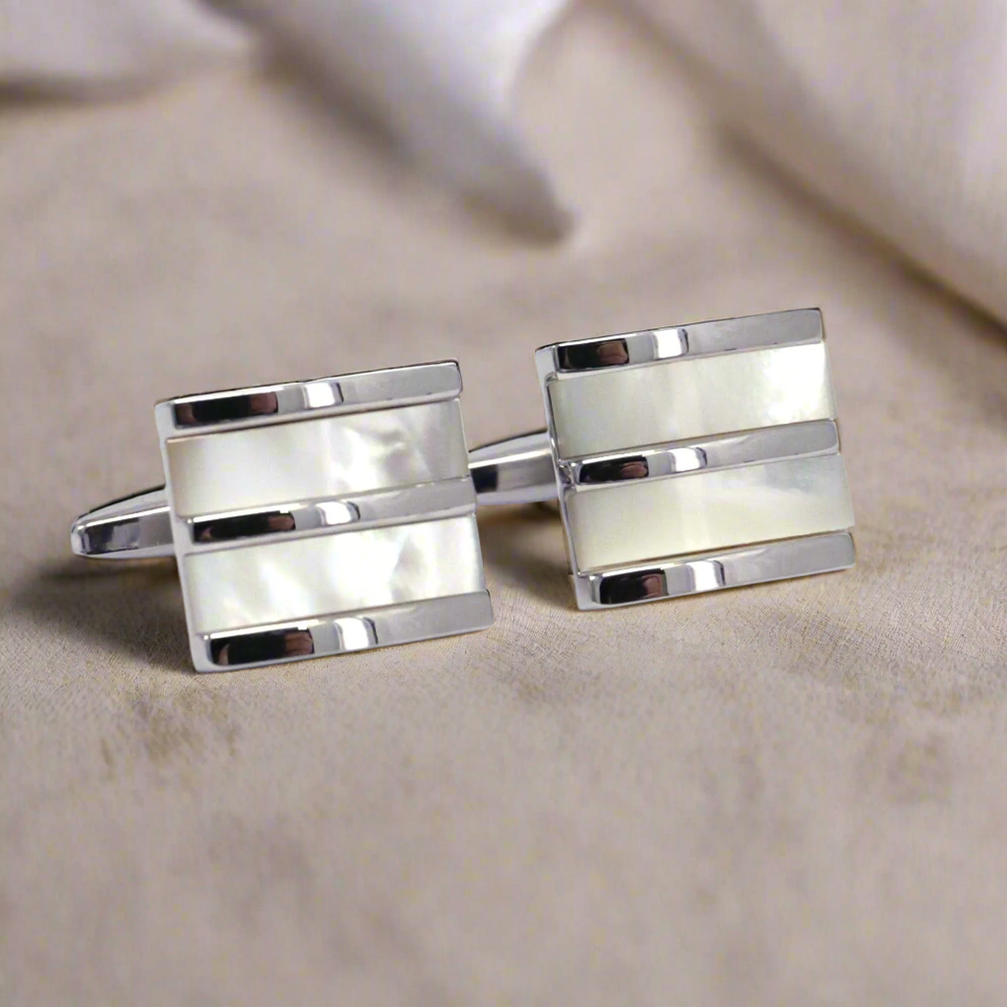 Mother Of Pearl  Stripe Silver horizontal  Rectangle Cufflinks