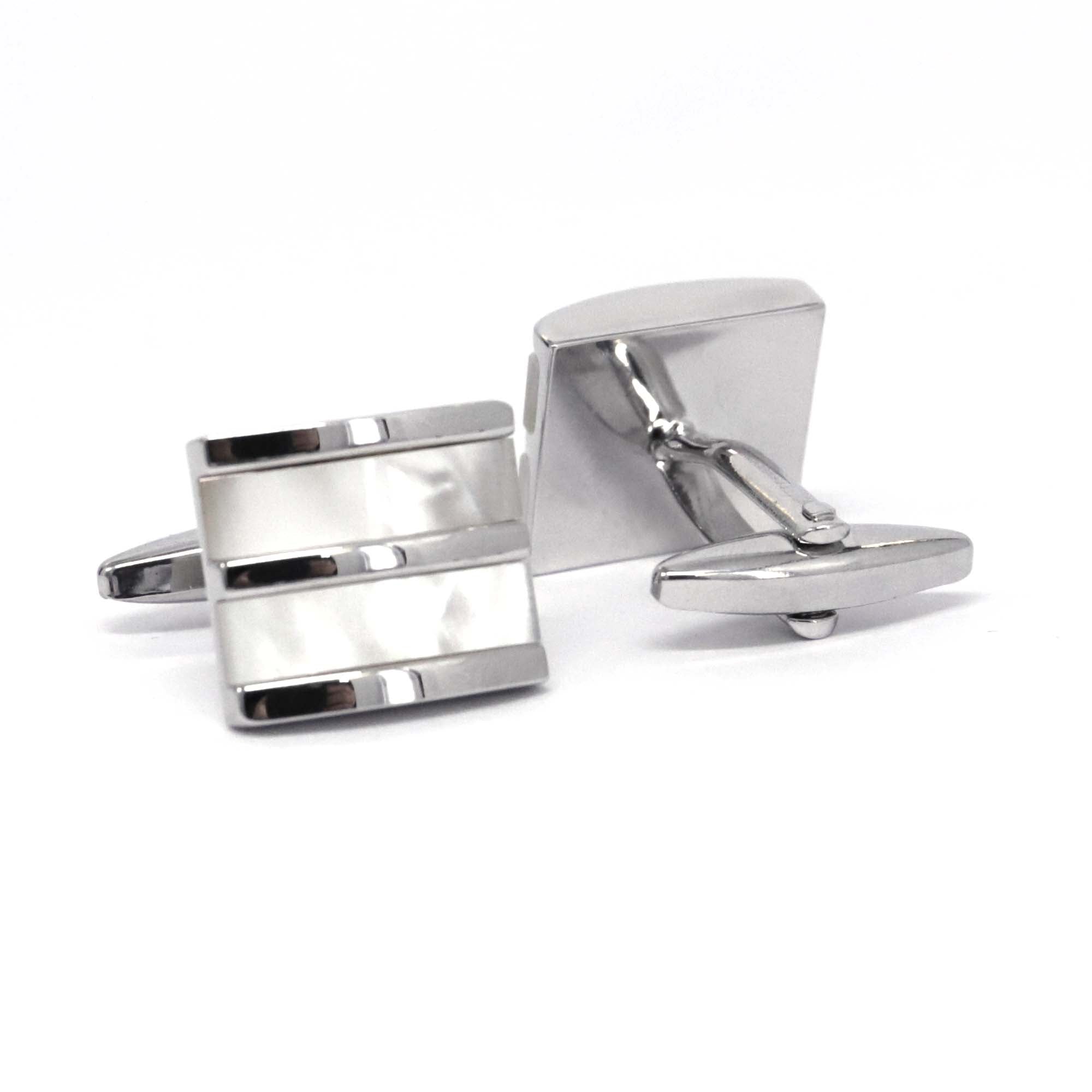 Mother Of Pearl  Stripe Silver horizontal  Rectangle Cufflinks