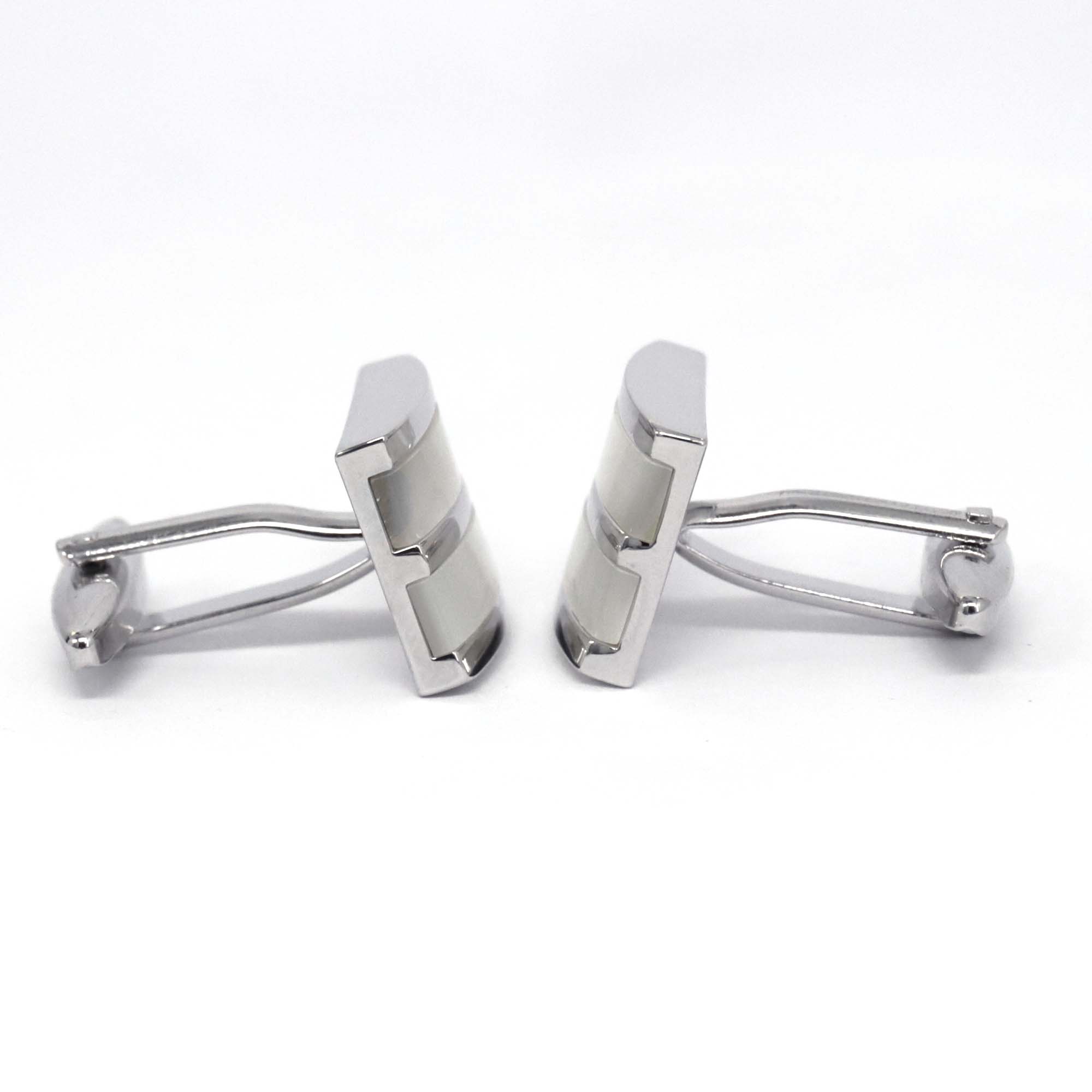 Mother Of Pearl  Stripe Silver horizontal  Rectangle Cufflinks