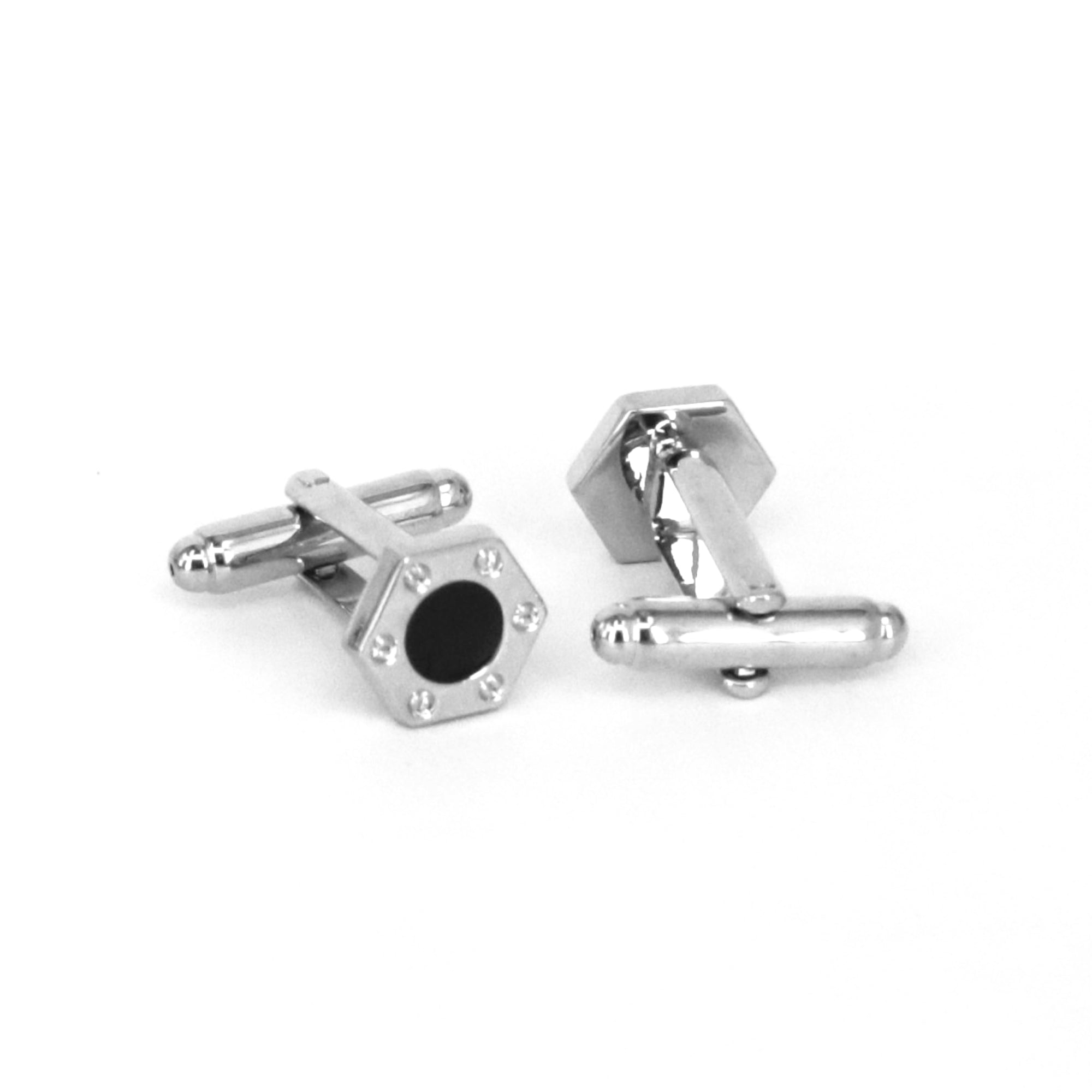 Silver Hexagon with Black Enamel Top Centrepiece Cufflinks- Mini