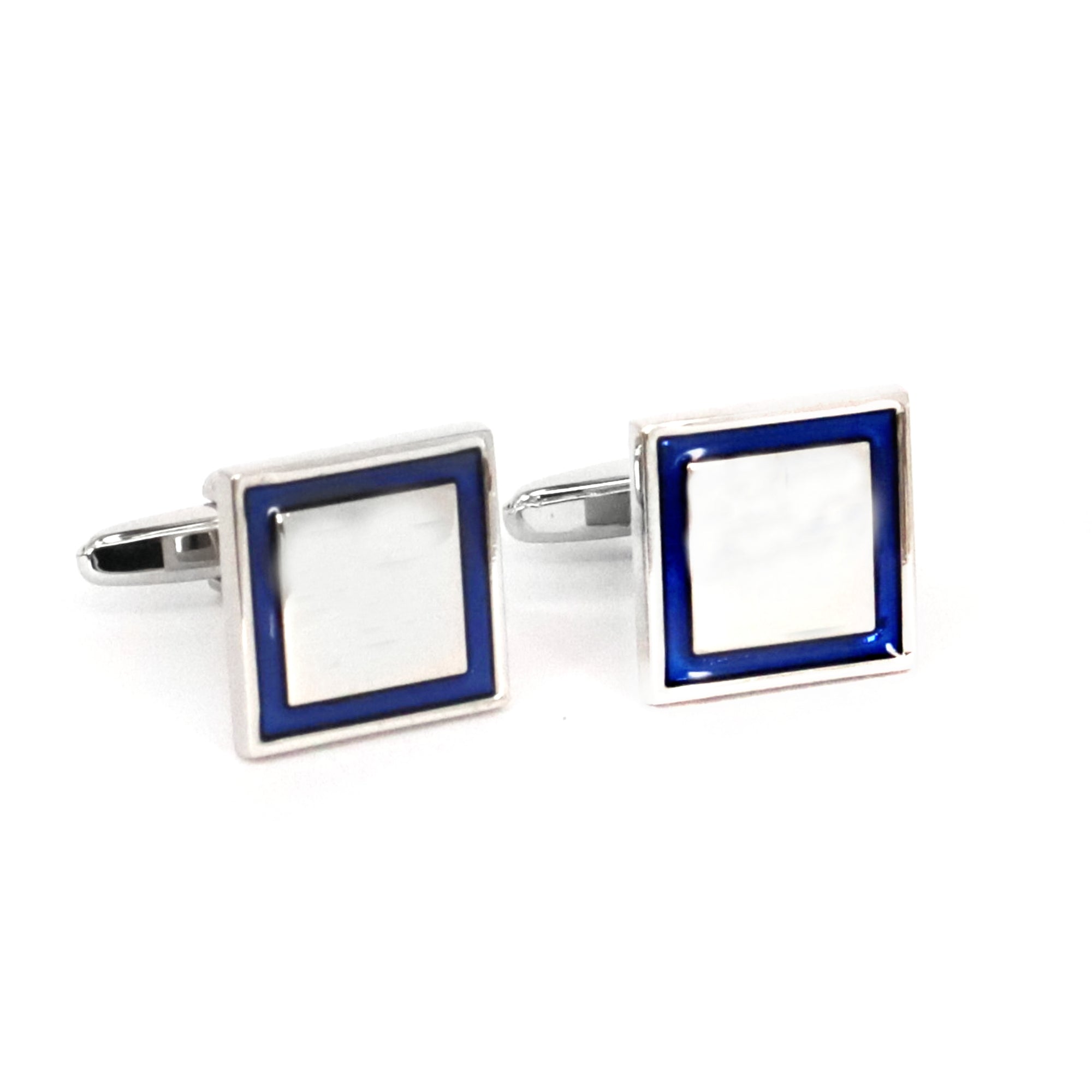 Silver Square Cufflinks with edge blue enamel