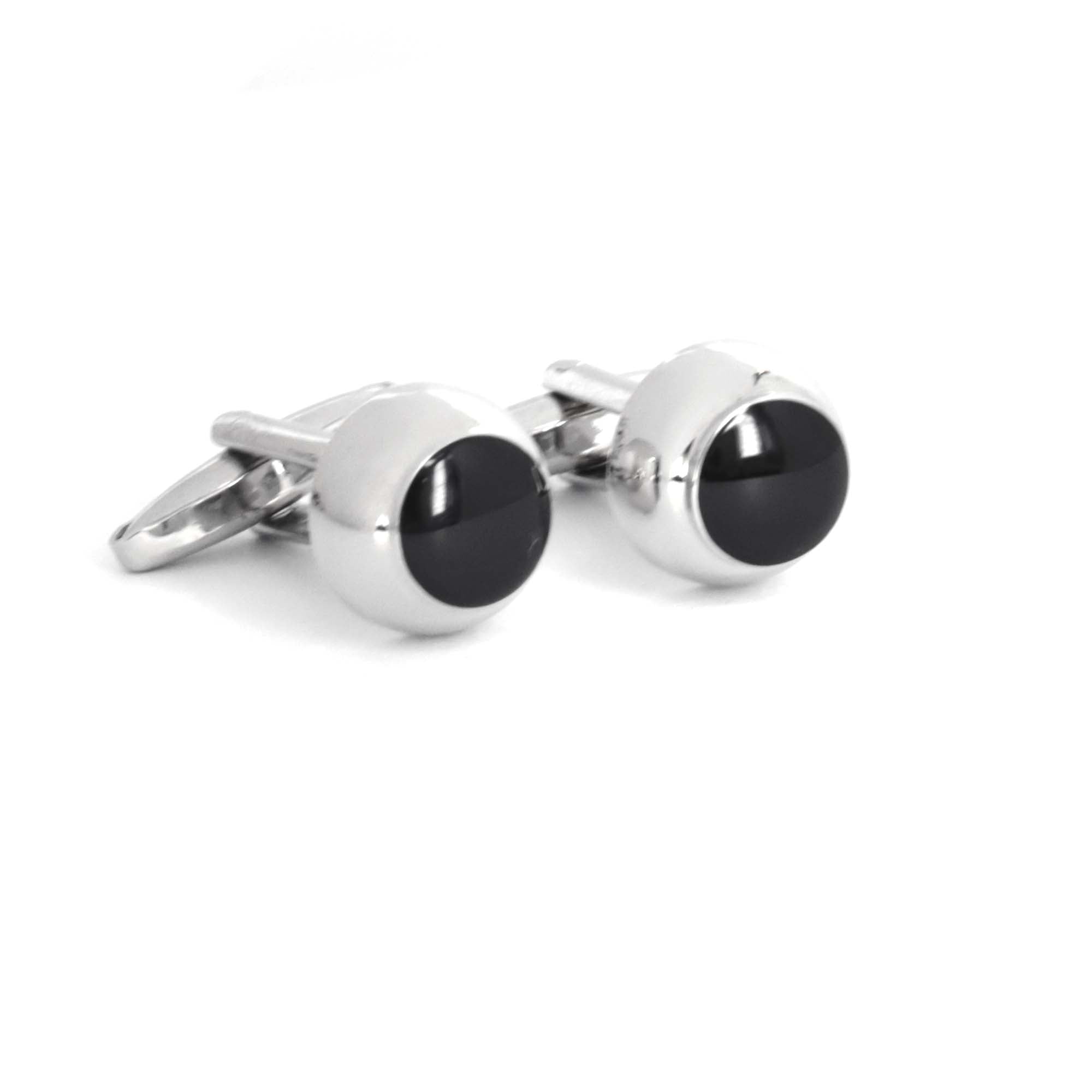 Silver Round domeCufflinks with Black Enamel (Small)
