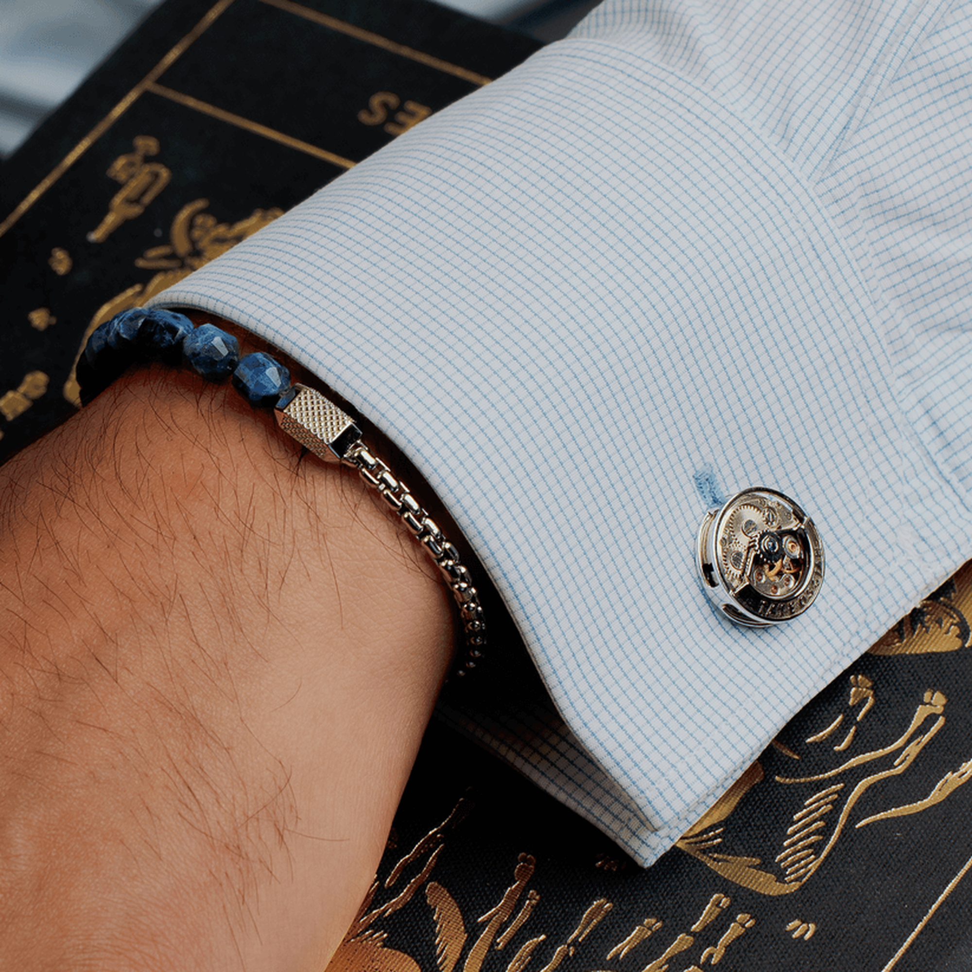 Deboss Round Skeleton Cufflinks Rhodium Plated Silver with Watch Movemen