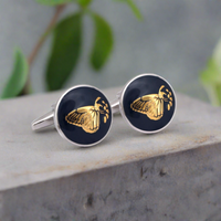 Botanic Series - Round Gold Butterfly Cufflinks in Dark Blue