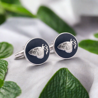 Botanic Series - Round Silver Butterfly Cufflinks in Dark Blue