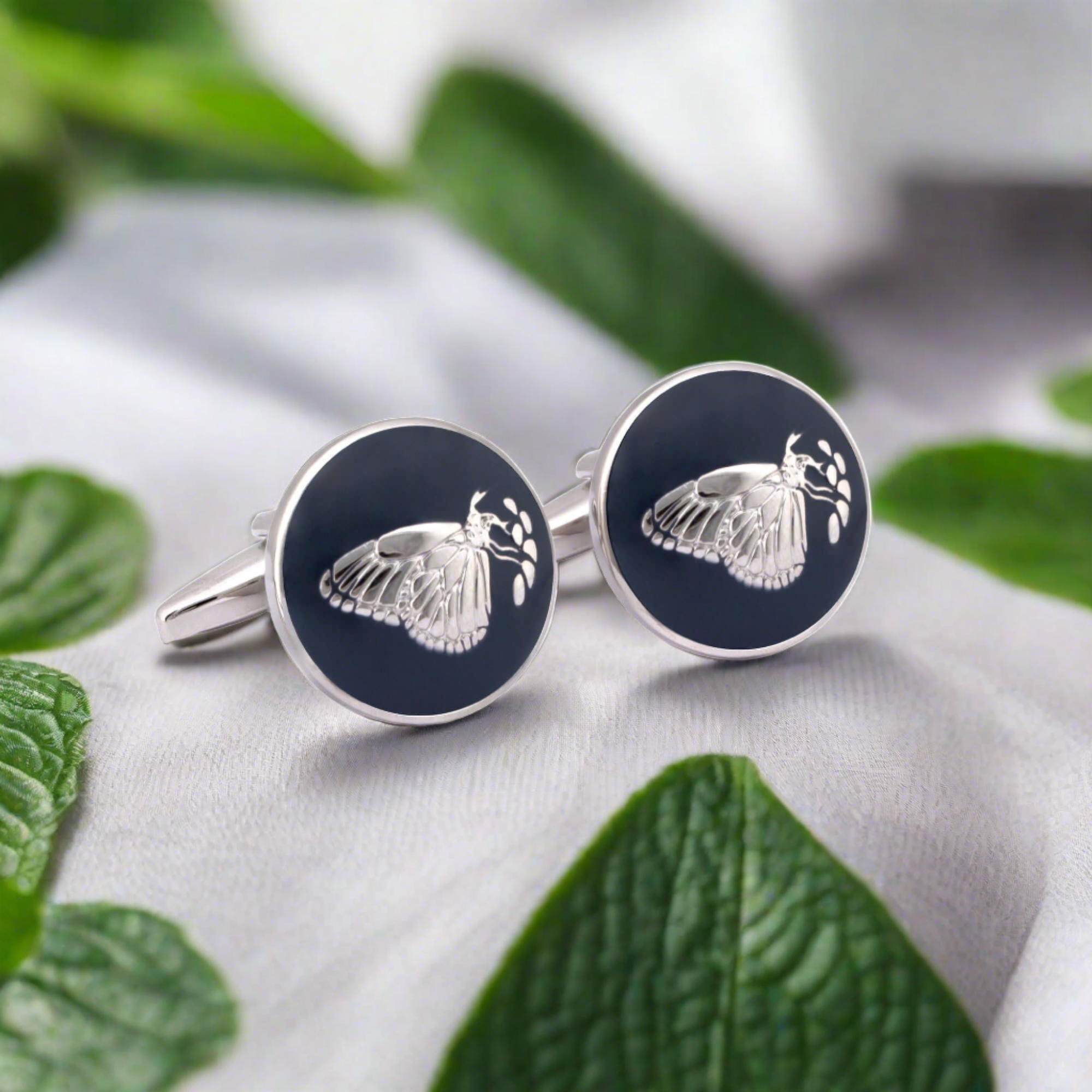 Botanic Series - Round Silver Butterfly Cufflinks in Dark Blue