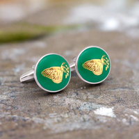 MarZthomson Botanic Series - Round Gold Butterfly Cufflinks in Green