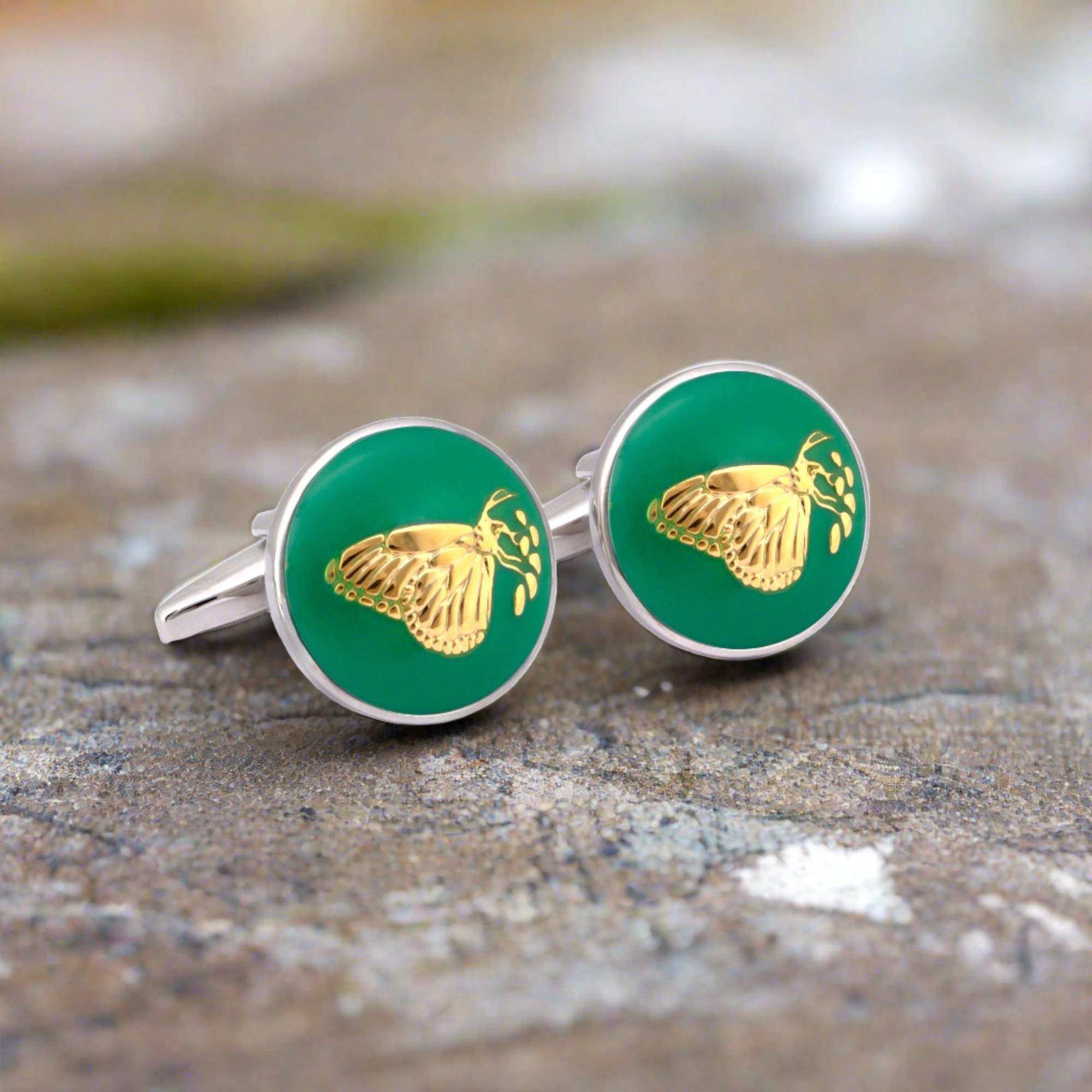 MarZthomson Botanic Series - Round Gold Butterfly Cufflinks in Green