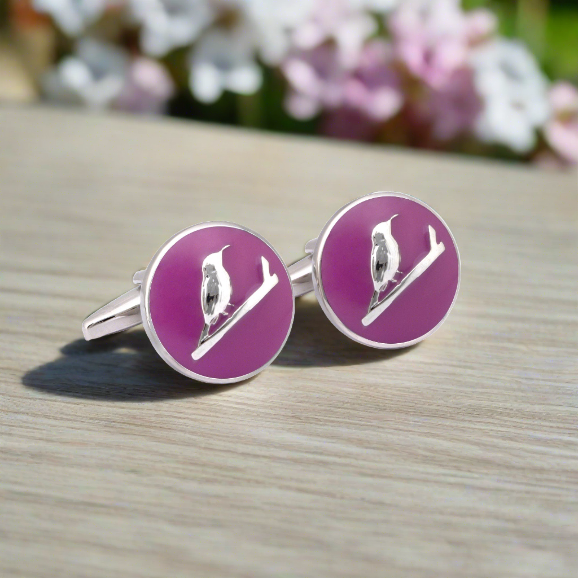 MarZthomson Botanic Series - Round Silver Sunbird Cufflinks in Purple