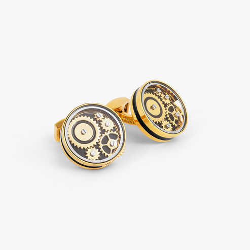 Carousel Gear Cufflinks Yellow Gold Plated Base Metal With Black Enamel