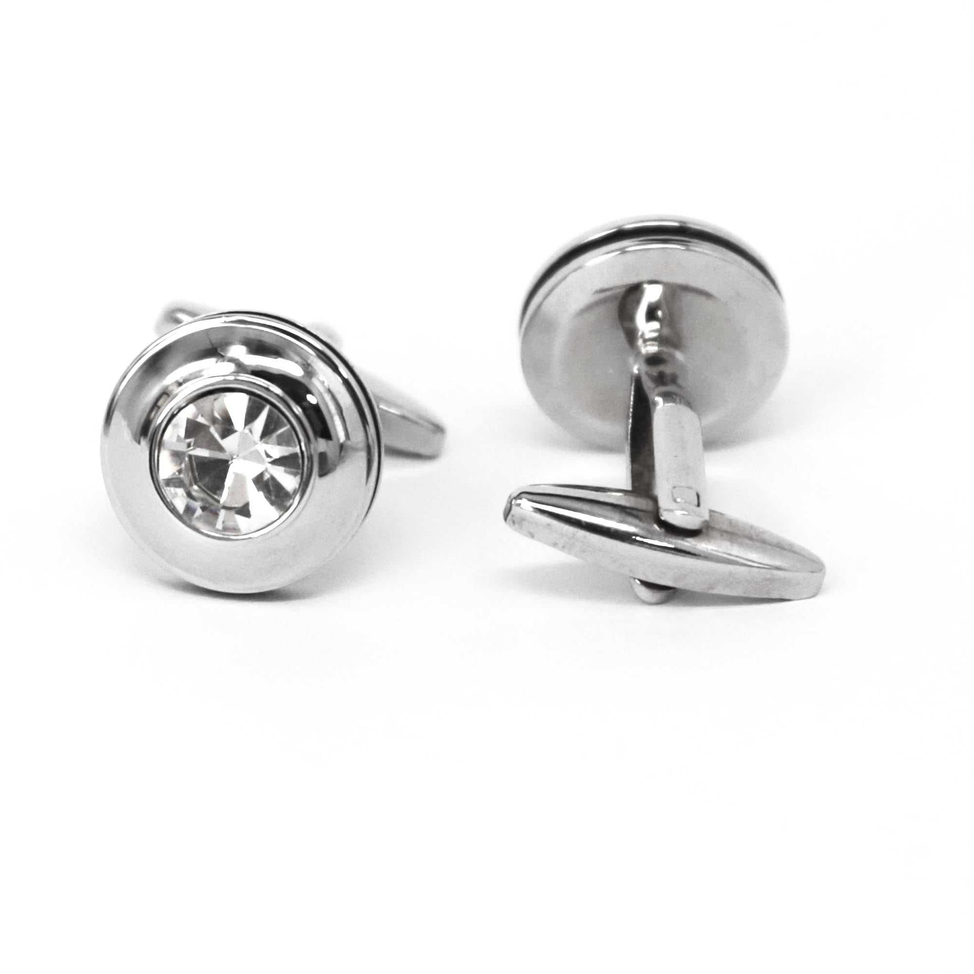 Round Silver One Clear Diamond Crystal Cufflinks  (Online Exclusive)
