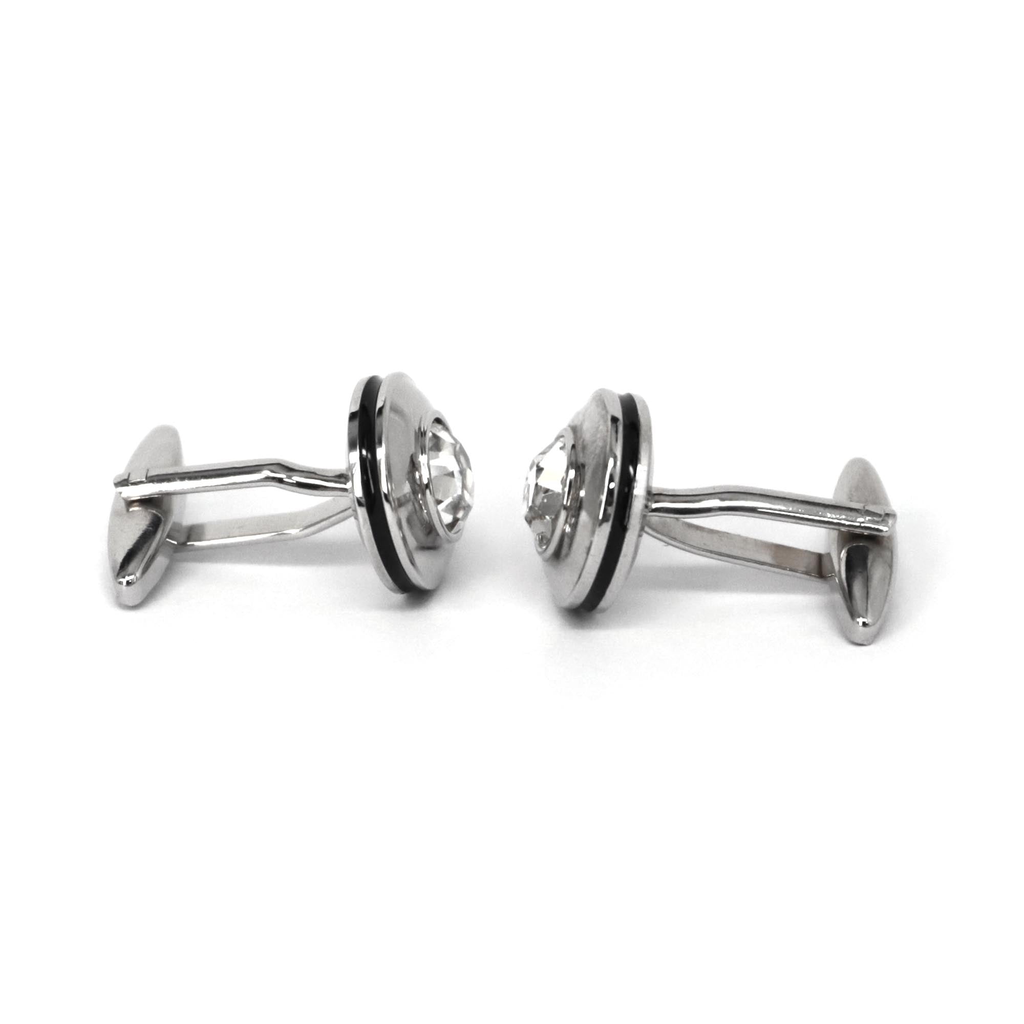 Round Silver One Clear Diamond Crystal Cufflinks  (Online Exclusive)