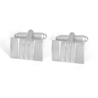 A pair of silver rectangle cufflinks with a mirror finish center, displayed against a white background.