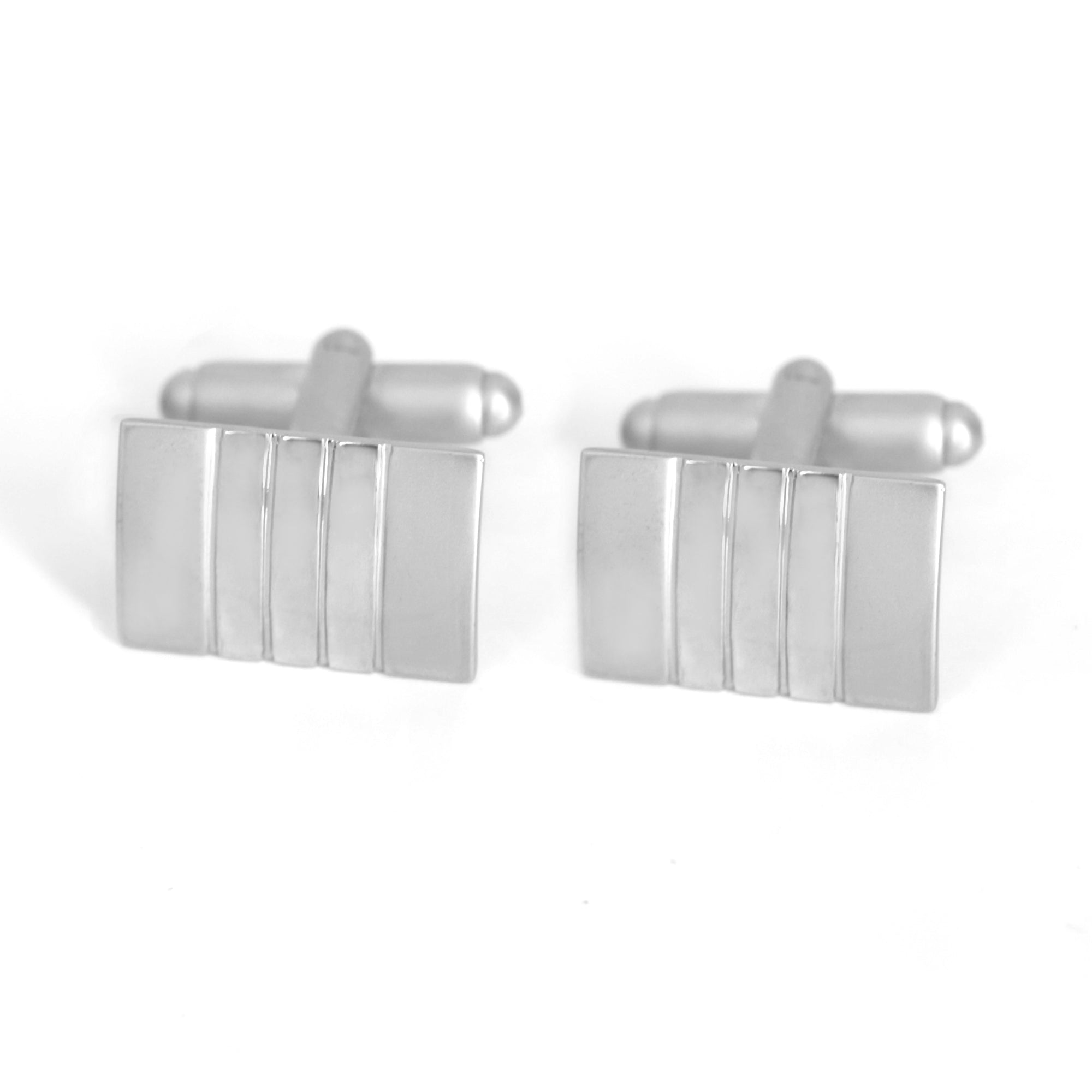A pair of silver rectangle cufflinks with a mirror finish center, displayed against a white background.