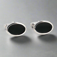 Silver with Black Enamel Oval Cufflinks