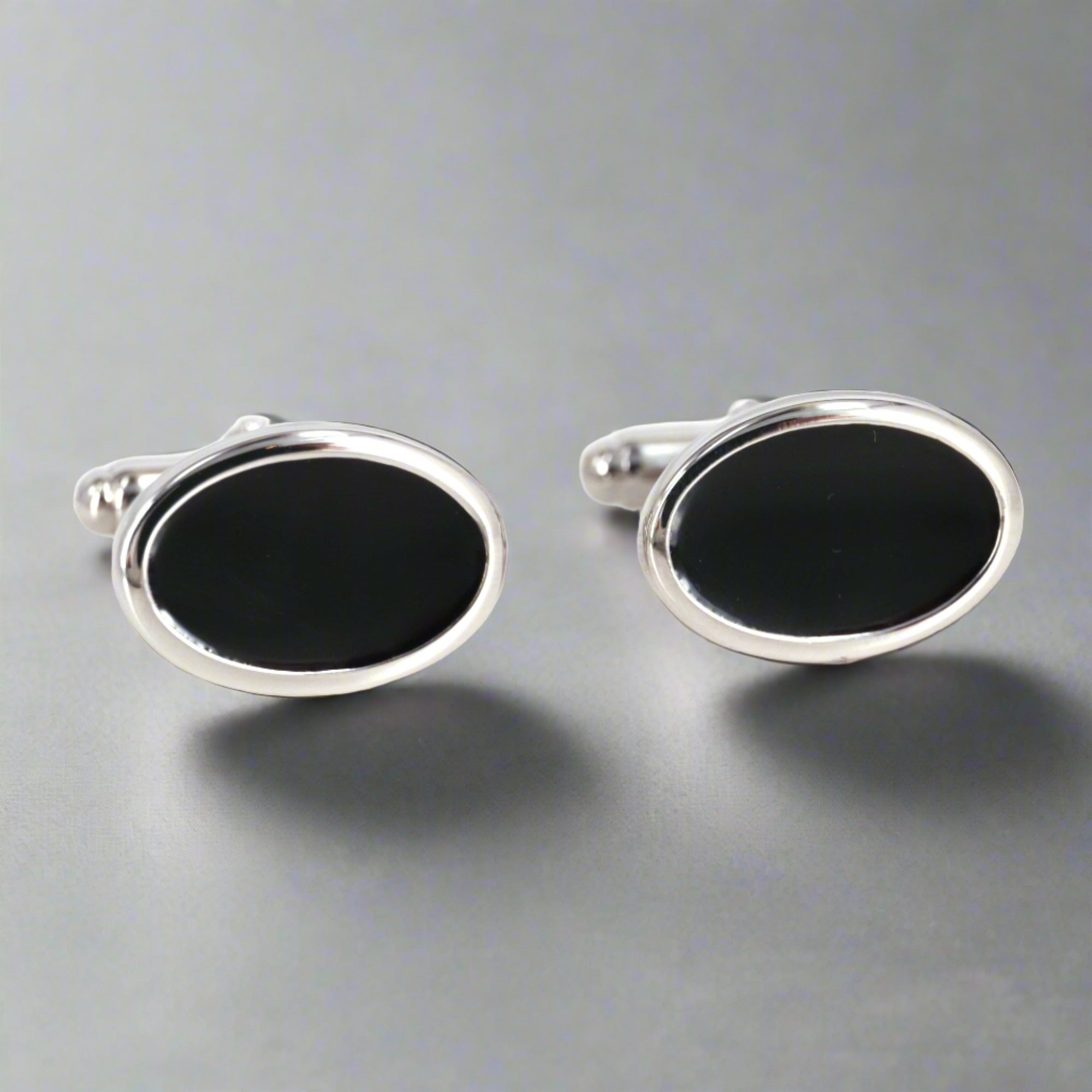 Silver with Black Enamel Oval Cufflinks