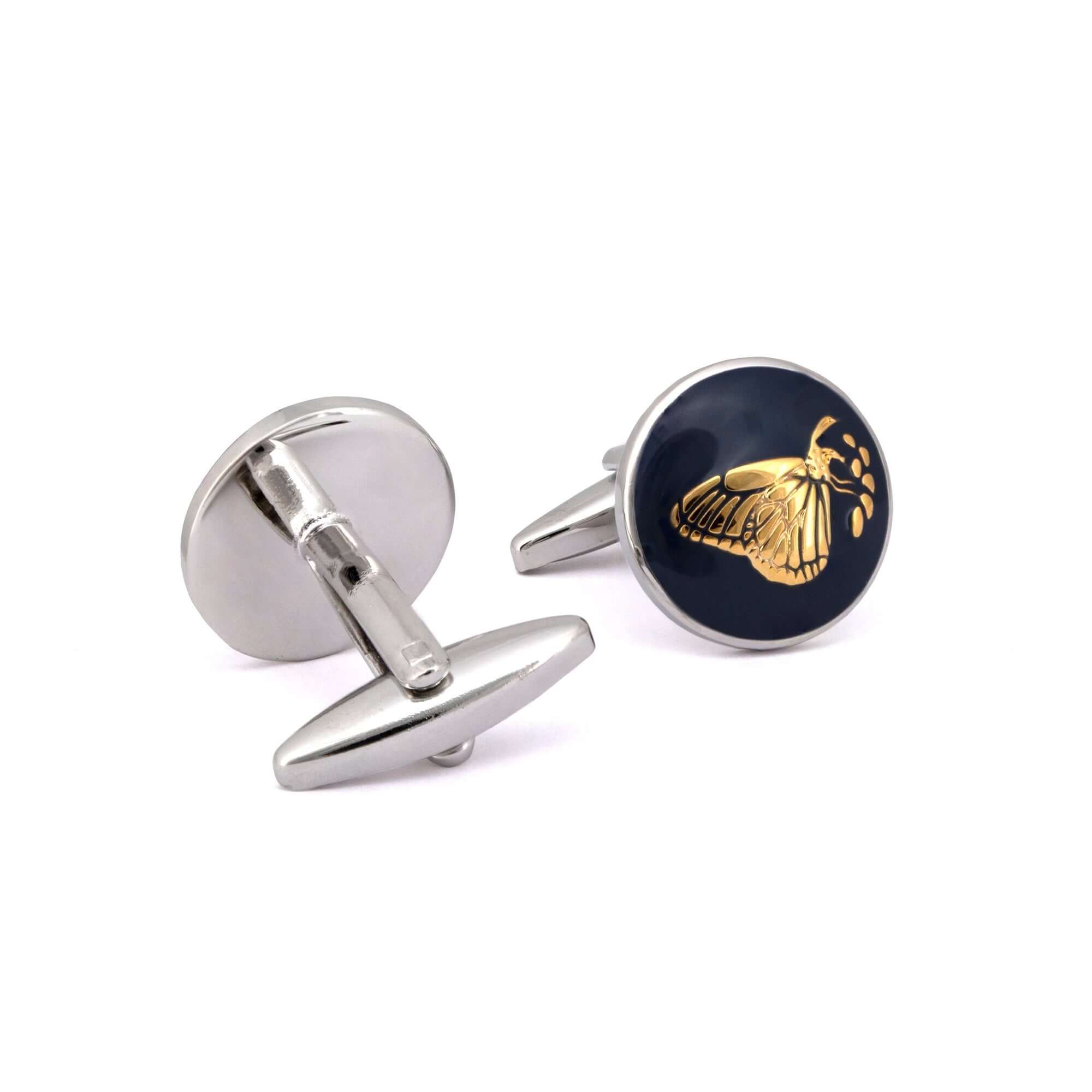 Botanic Series - Round Gold Butterfly Cufflinks in Dark Blue-Cufflinks.com.sg