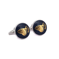 Botanic Series - Round Gold Butterfly Cufflinks in Dark Blue-Cufflinks.com.sg
