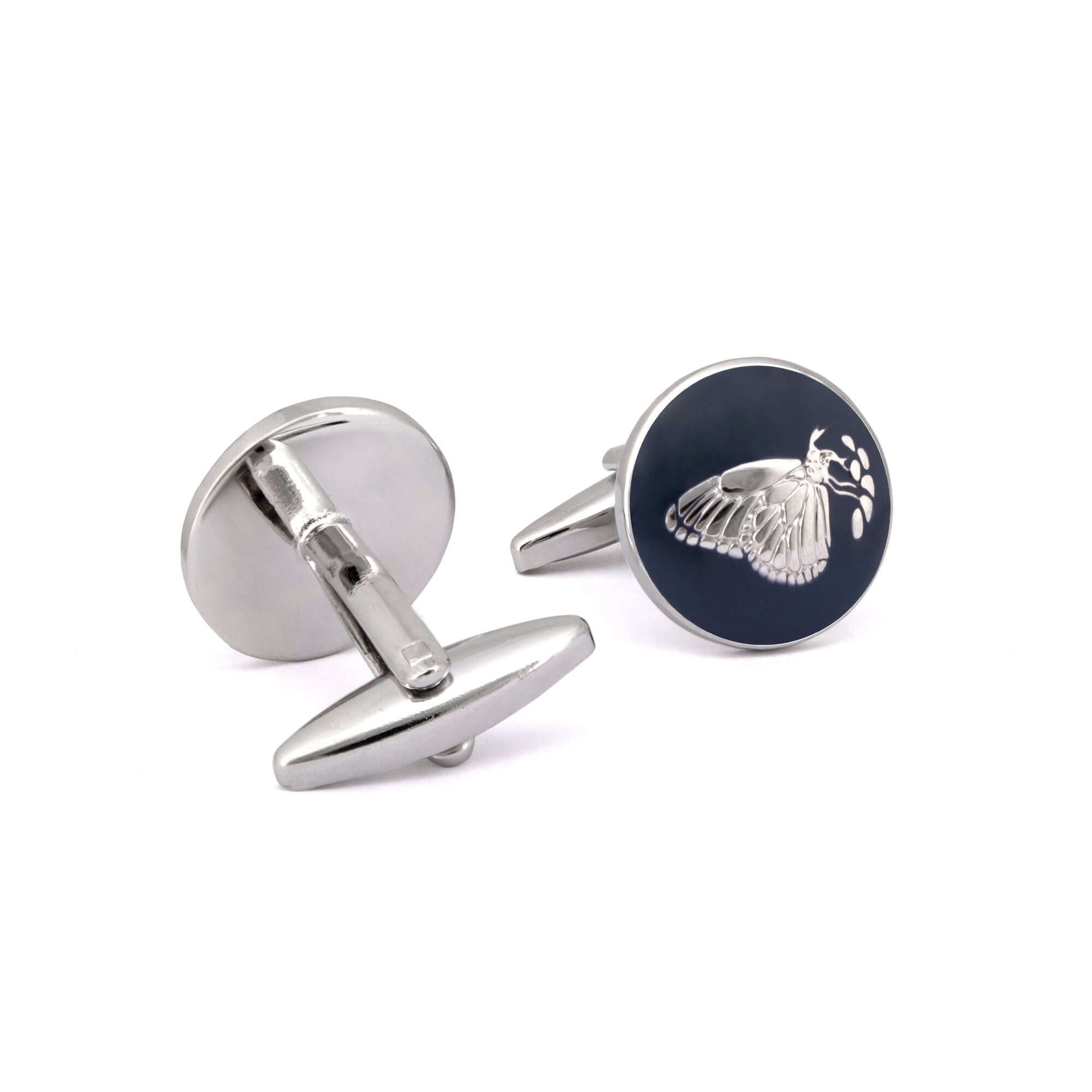 Botanic Series - Round Silver Butterfly Cufflinks in Dark Blue-Cufflinks.com.sg
