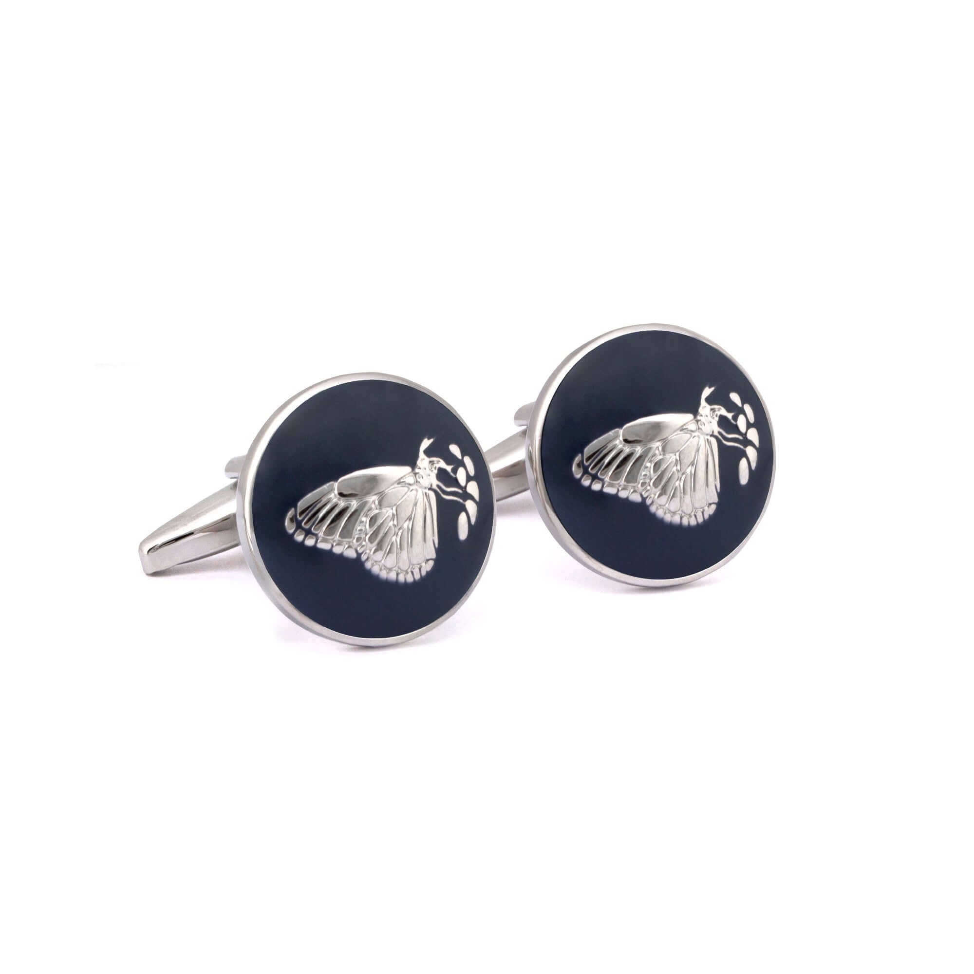 Botanic Series - Round Silver Butterfly Cufflinks in Dark Blue-Cufflinks.com.sg
