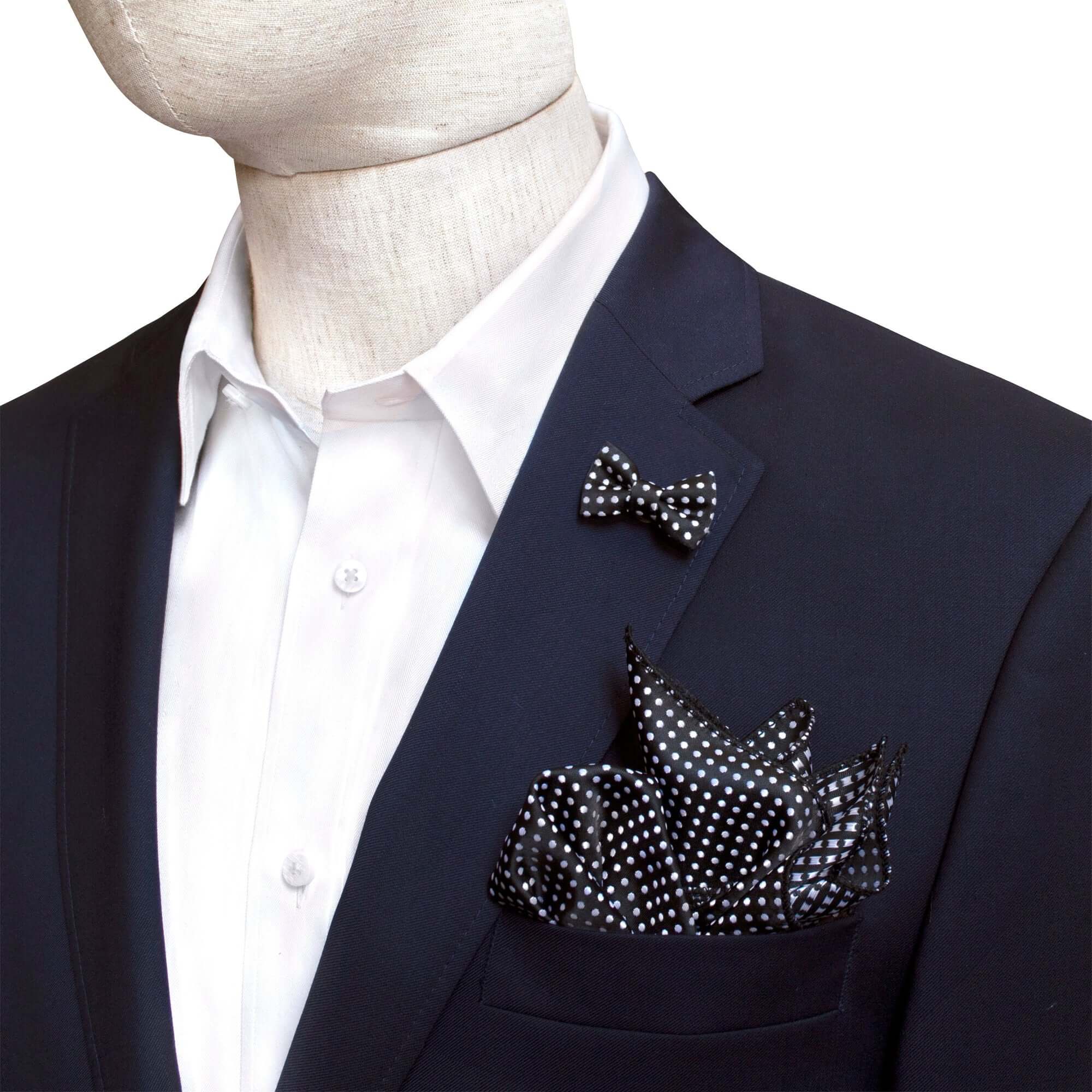 Bow Tie shaped Lapel Pin and Pocket Square Set in Black with White Polka Dot-Cufflinks.com.sg | Neckties.com.sg