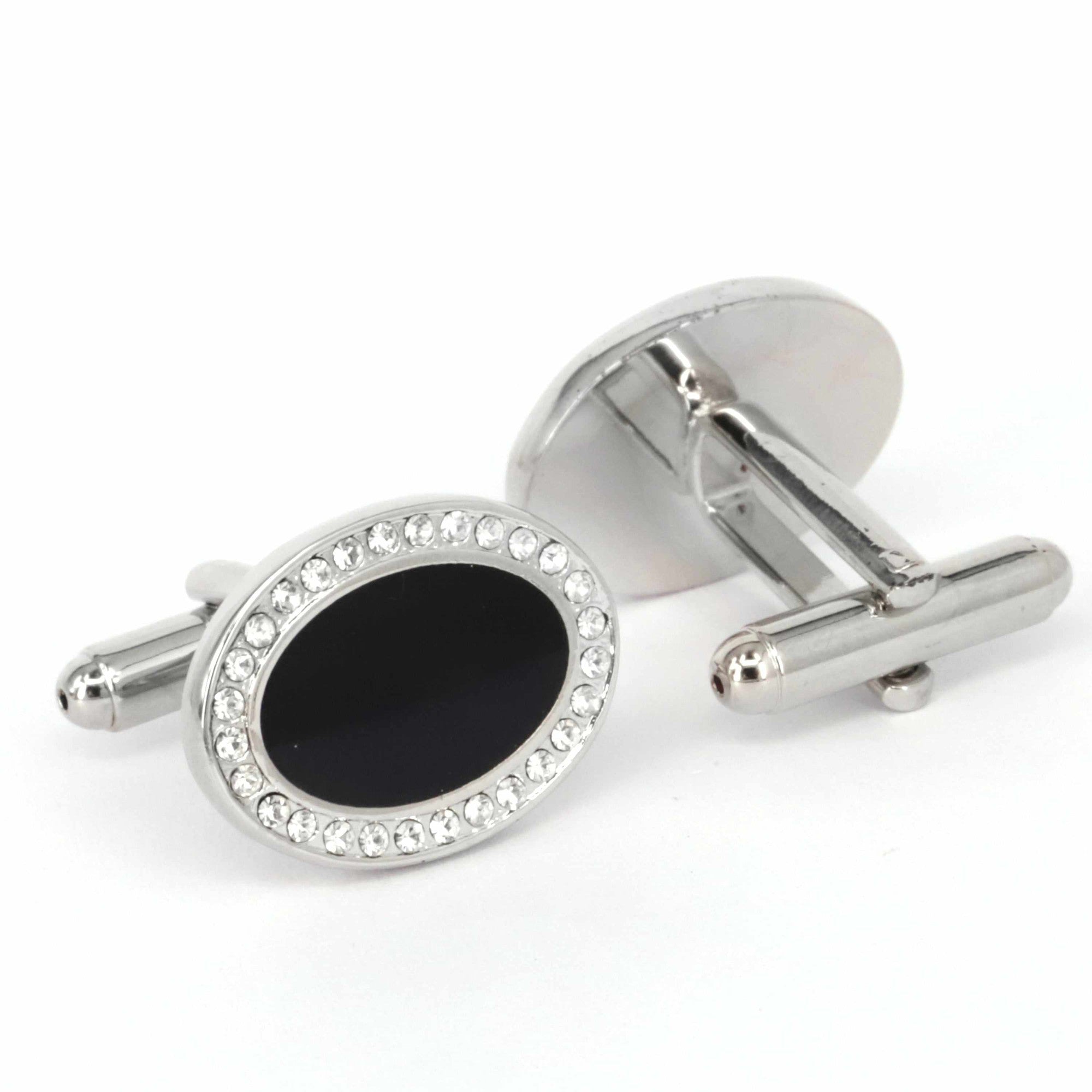 Classic Oval Black With Crystal Cufflinks-Classic Cufflinks-MarZthomson-Cufflinks.com.sg