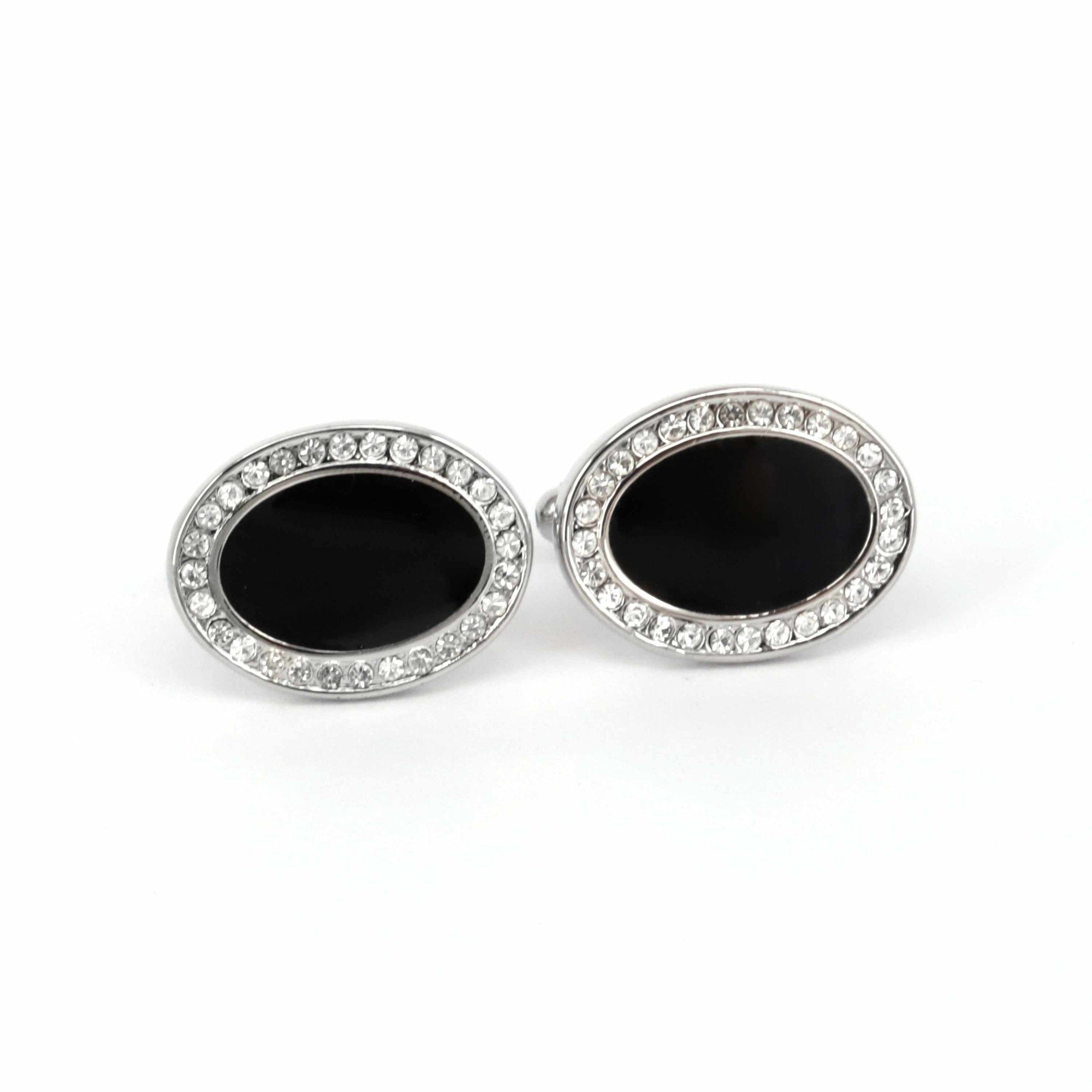 Classic Oval Black With Crystal Cufflinks-Classic Cufflinks-MarZthomson-Cufflinks.com.sg