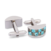 Cyan and Grey Crystal D-Shaped Cufflink-Cufflinks.com.sg