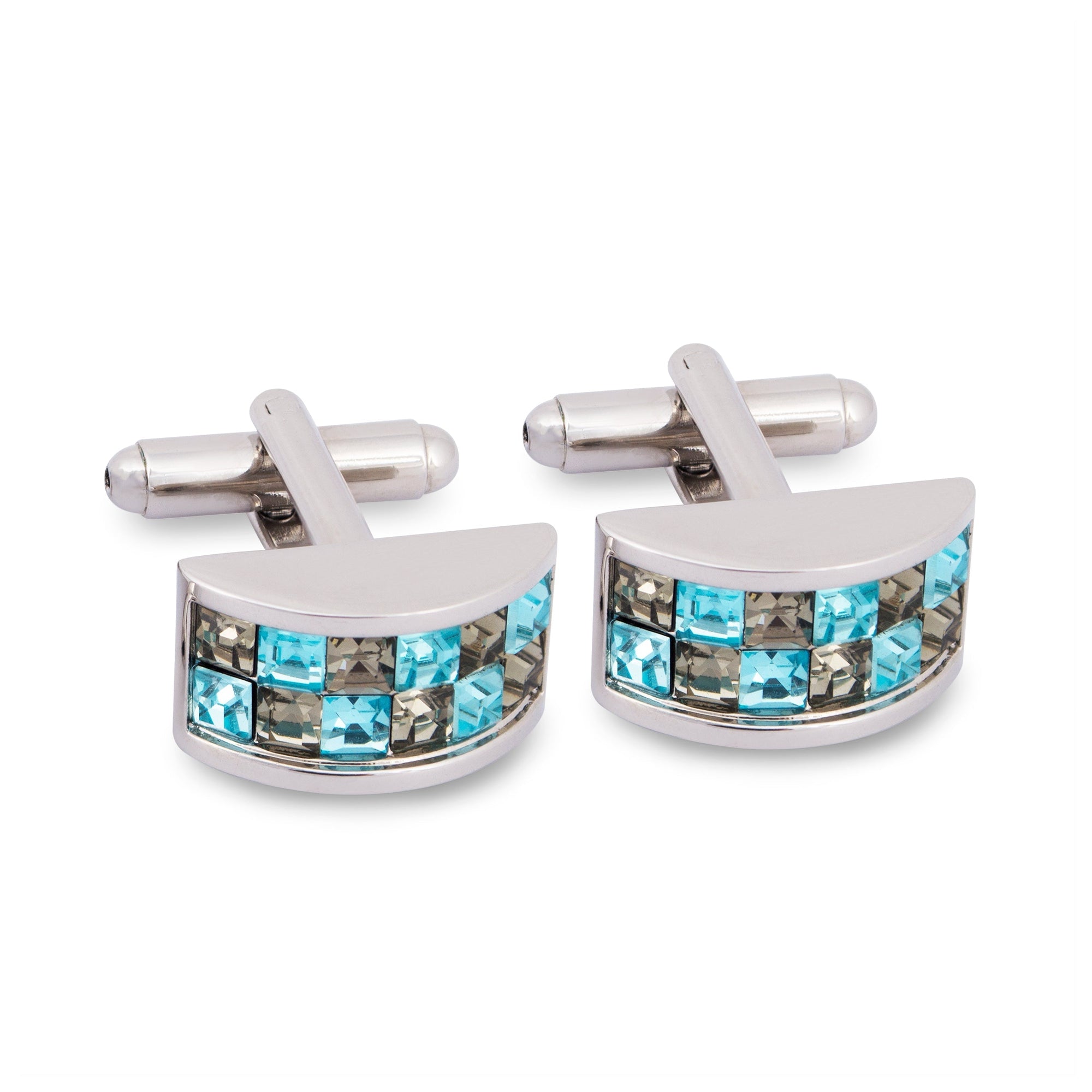 Cyan and Grey Crystal D-Shaped Cufflink-Cufflinks.com.sg