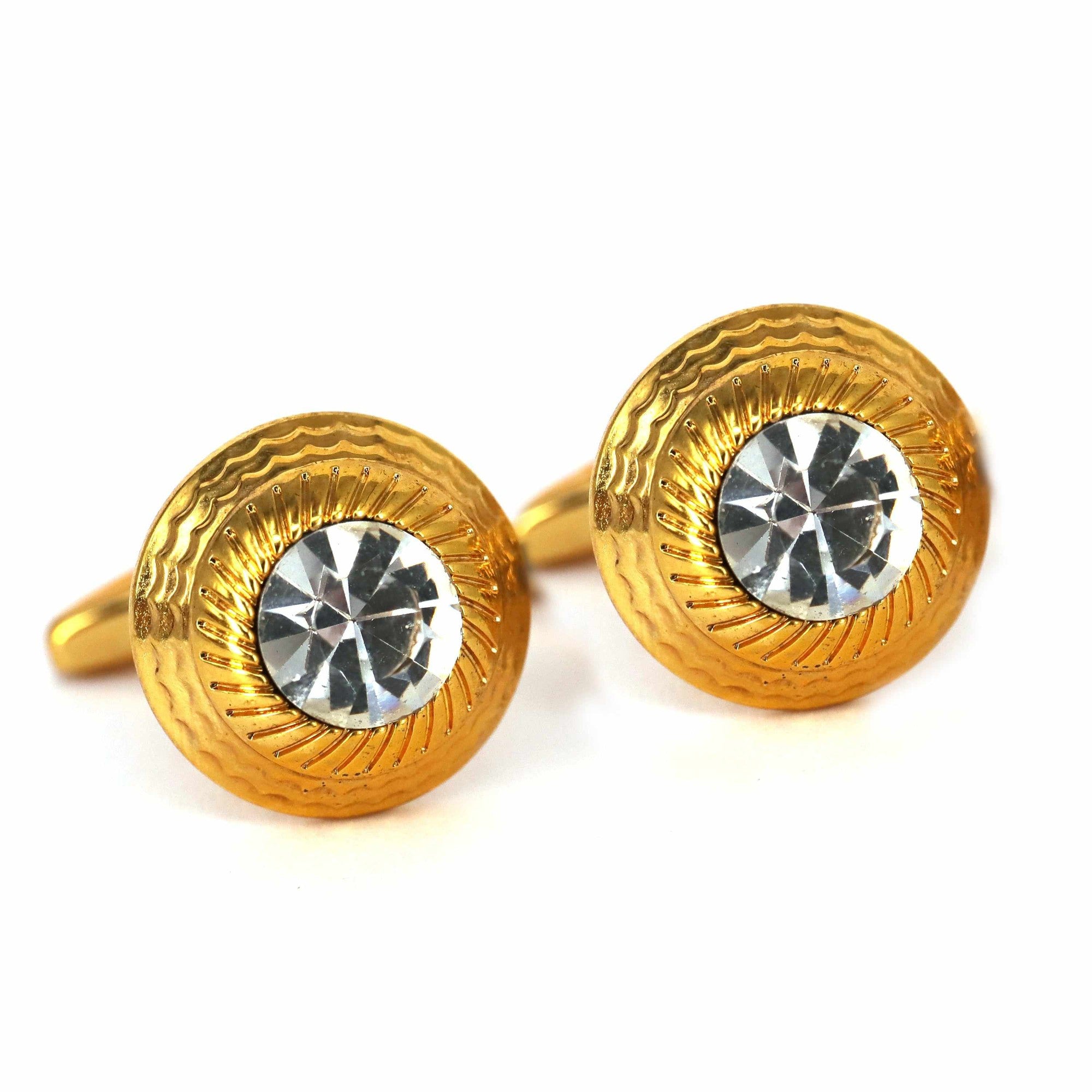 Gold Round Cufflinks with Clear Crystal Elements-Cufflinks-marzthomson-Cufflinks.com.sg