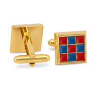 Gold Square Cufflinks with Red and Blue Checks-Cufflinks.com.sg