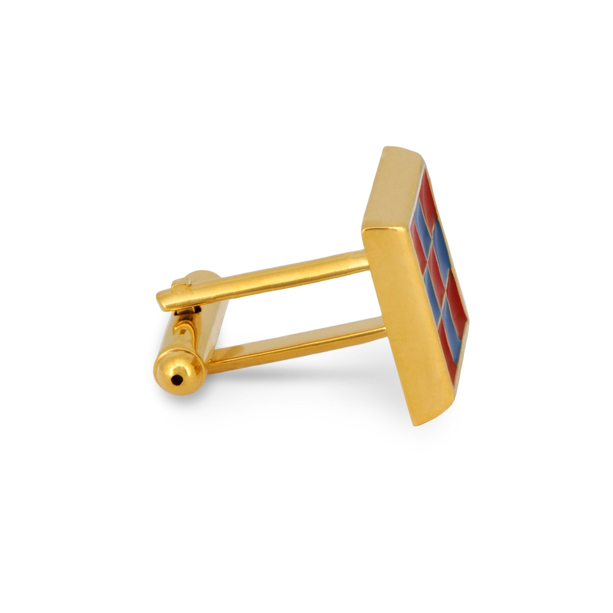 Gold Square Cufflinks with Red and Blue Checks-Cufflinks.com.sg