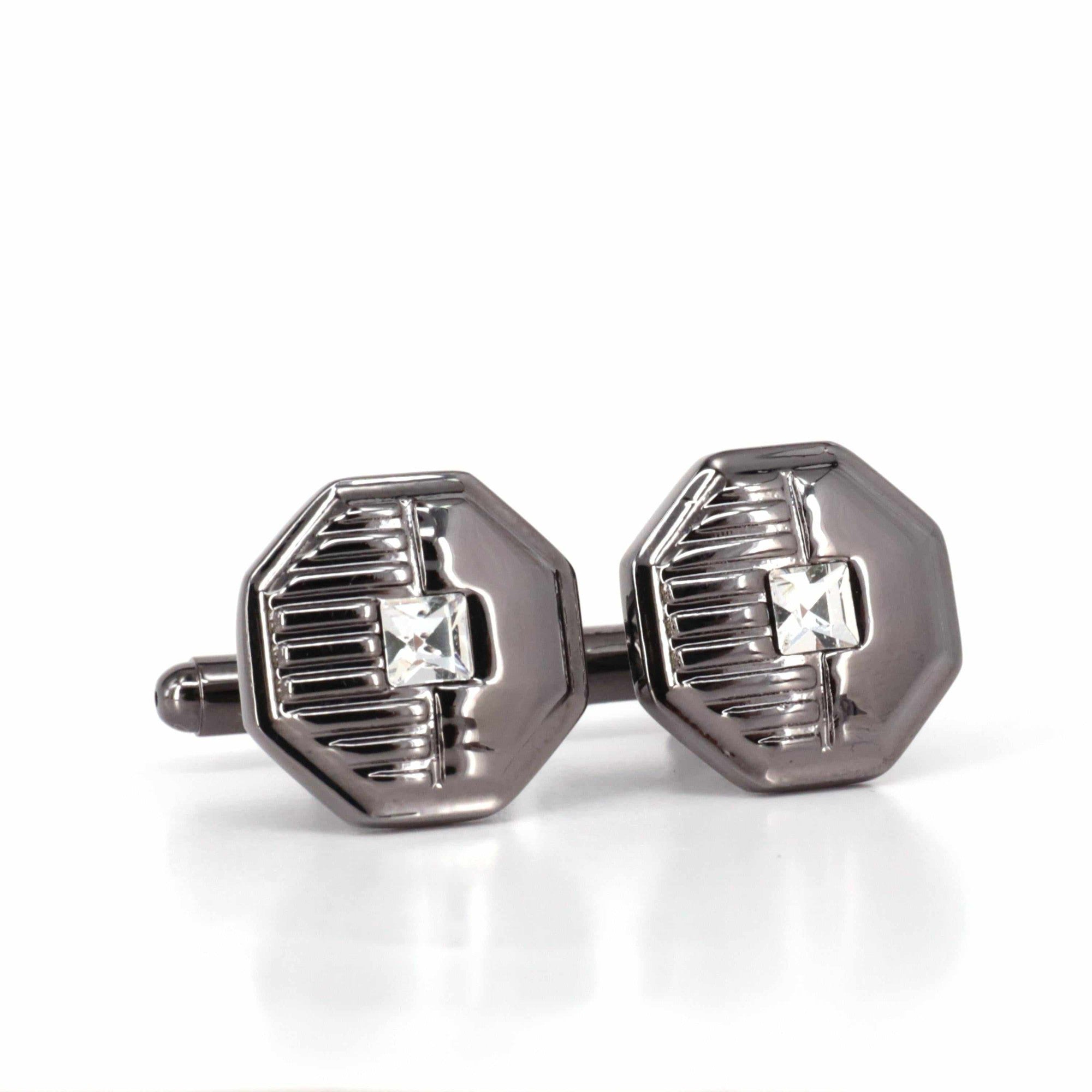 Gunmetal Hexagon with 1 clear diamond crystal Cufflinks-Classic Cufflinks-MarZthomson-Cufflinks.com.sg