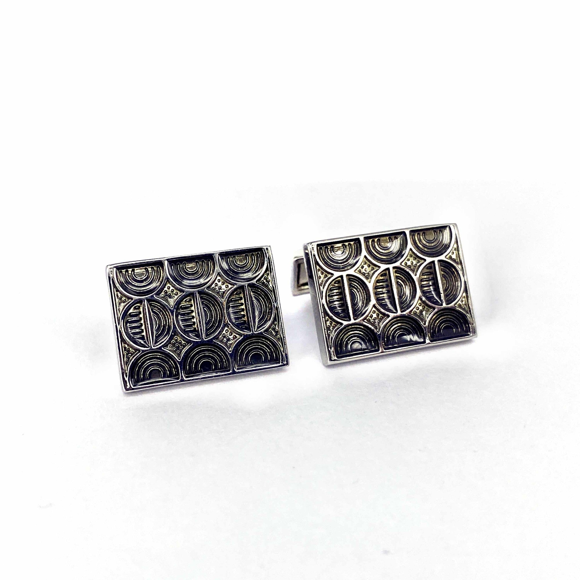 Gunmetal Rectangle Cufflinks with Flower Design-Crystal Cufflinks-MarZthomson-Cufflinks.com.sg