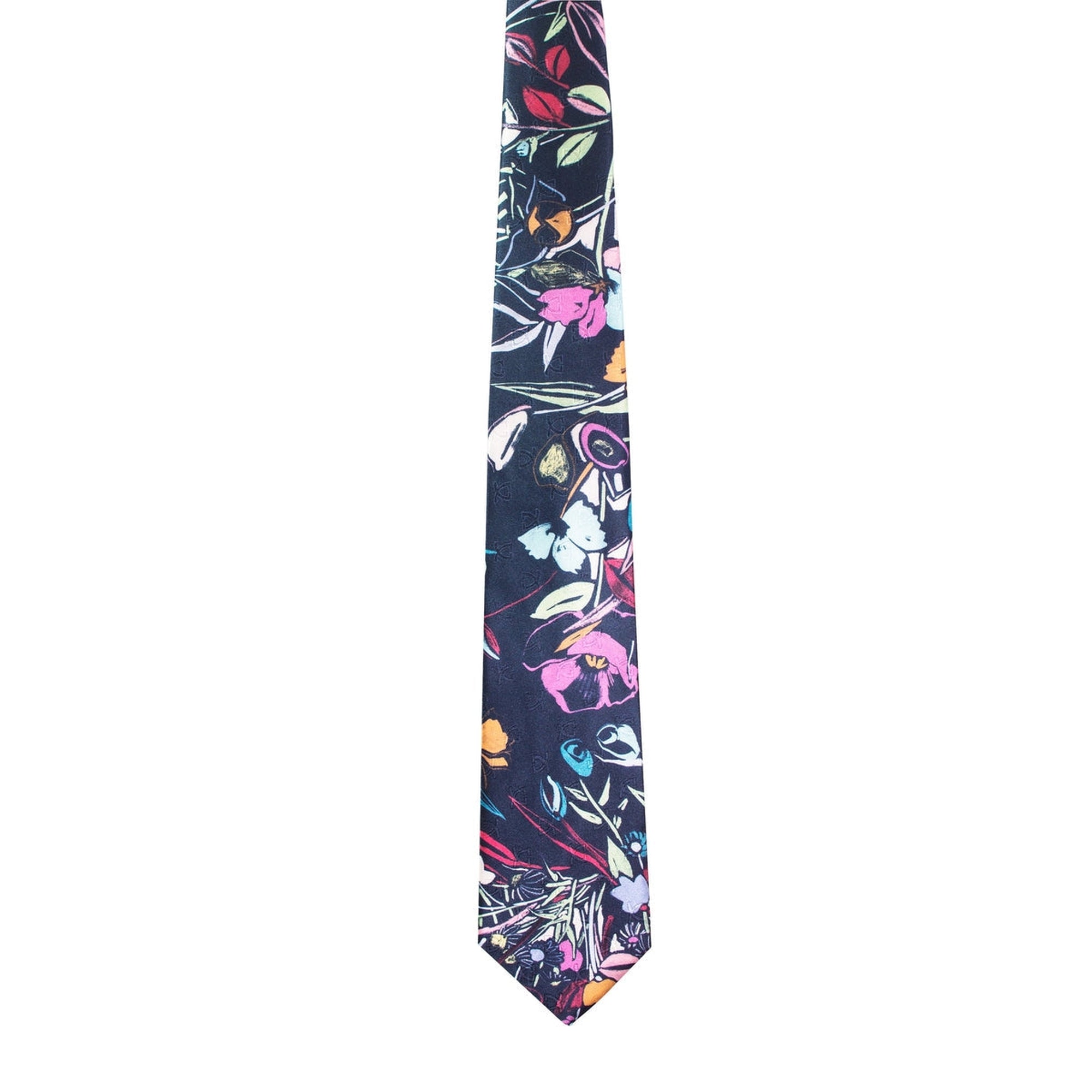 Leonard Navy Blue Silk Satin Tie with Summer Orchid Prints-Cufflinks.com.sg | Neckties.com.sg