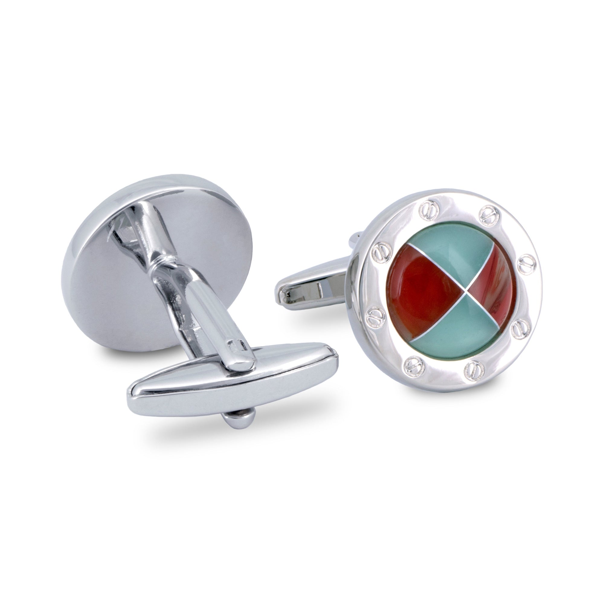 MarZthomson Blue and Red Round Cufflinks with Silver Screw Head Border-Cufflinks.com.sg