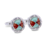 MarZthomson Blue and Red Round Cufflinks with Silver Screw Head Border-Cufflinks.com.sg