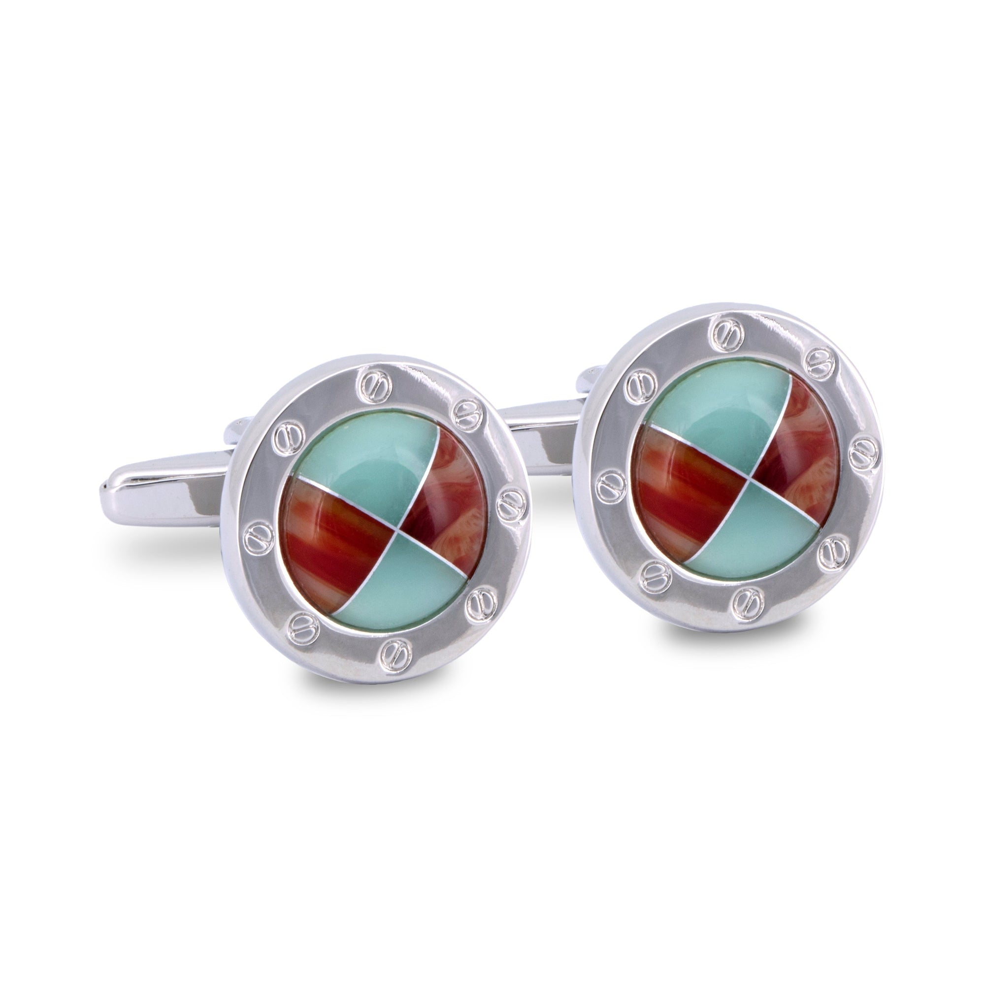 MarZthomson Blue and Red Round Cufflinks with Silver Screw Head Border-Cufflinks.com.sg