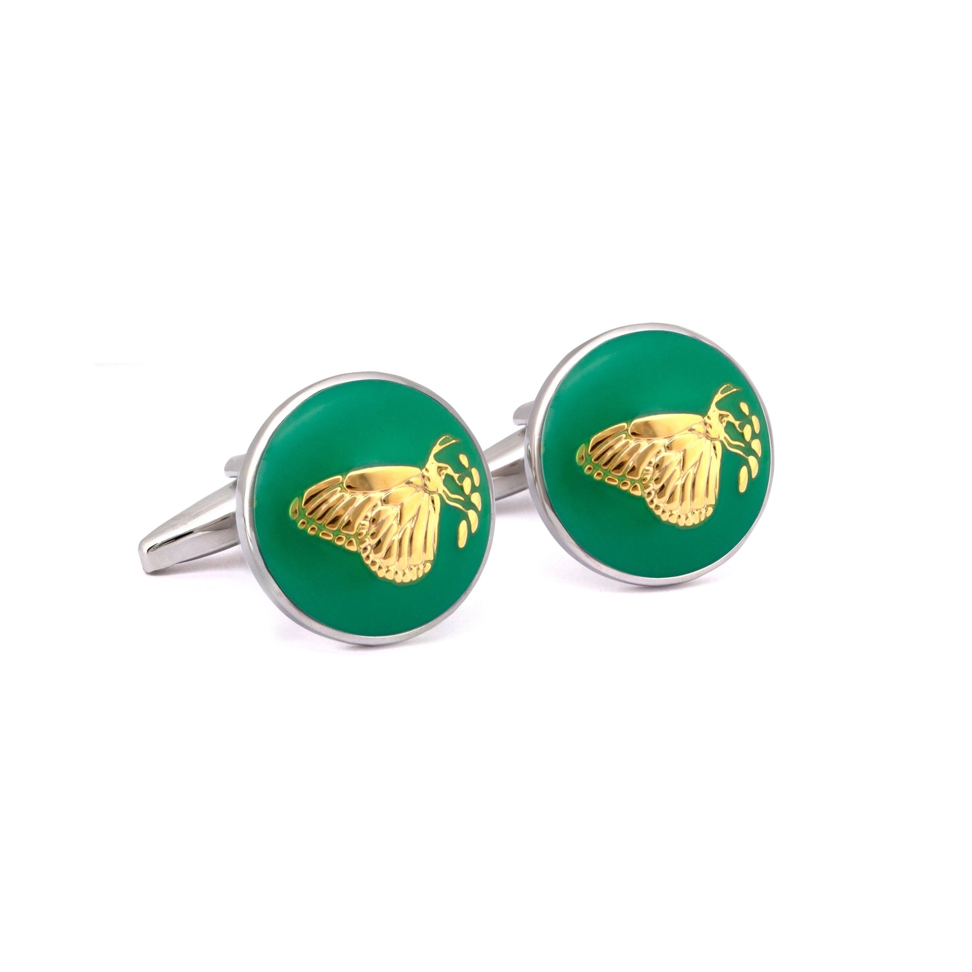 MarZthomson Botanic Series - Round Gold Butterfly Cufflinks in Green-Cufflinks.com.sg