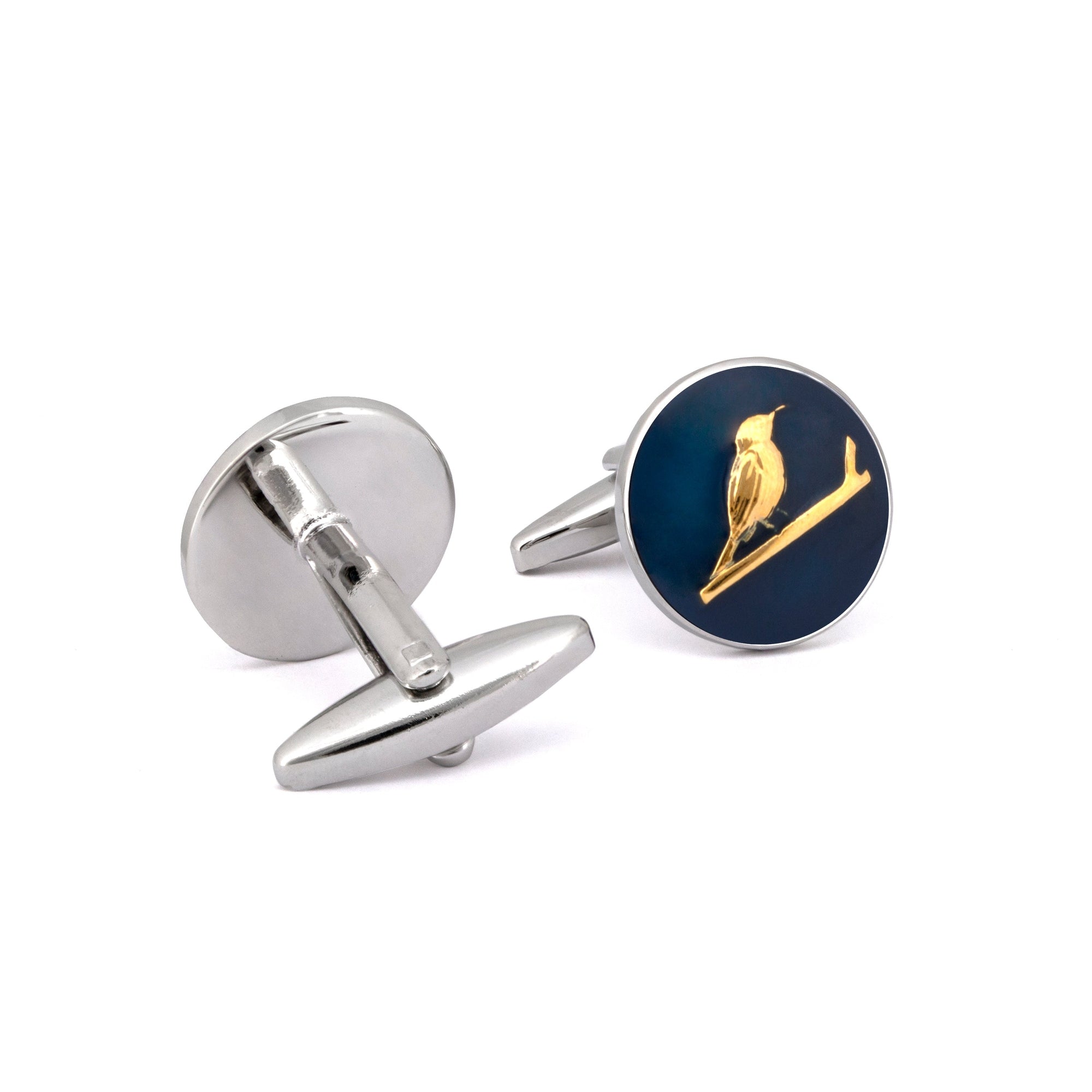 MarZthomson Botanic Series - Round Gold Sunbird Cufflinks in Dark Blue-Cufflinks.com.sg