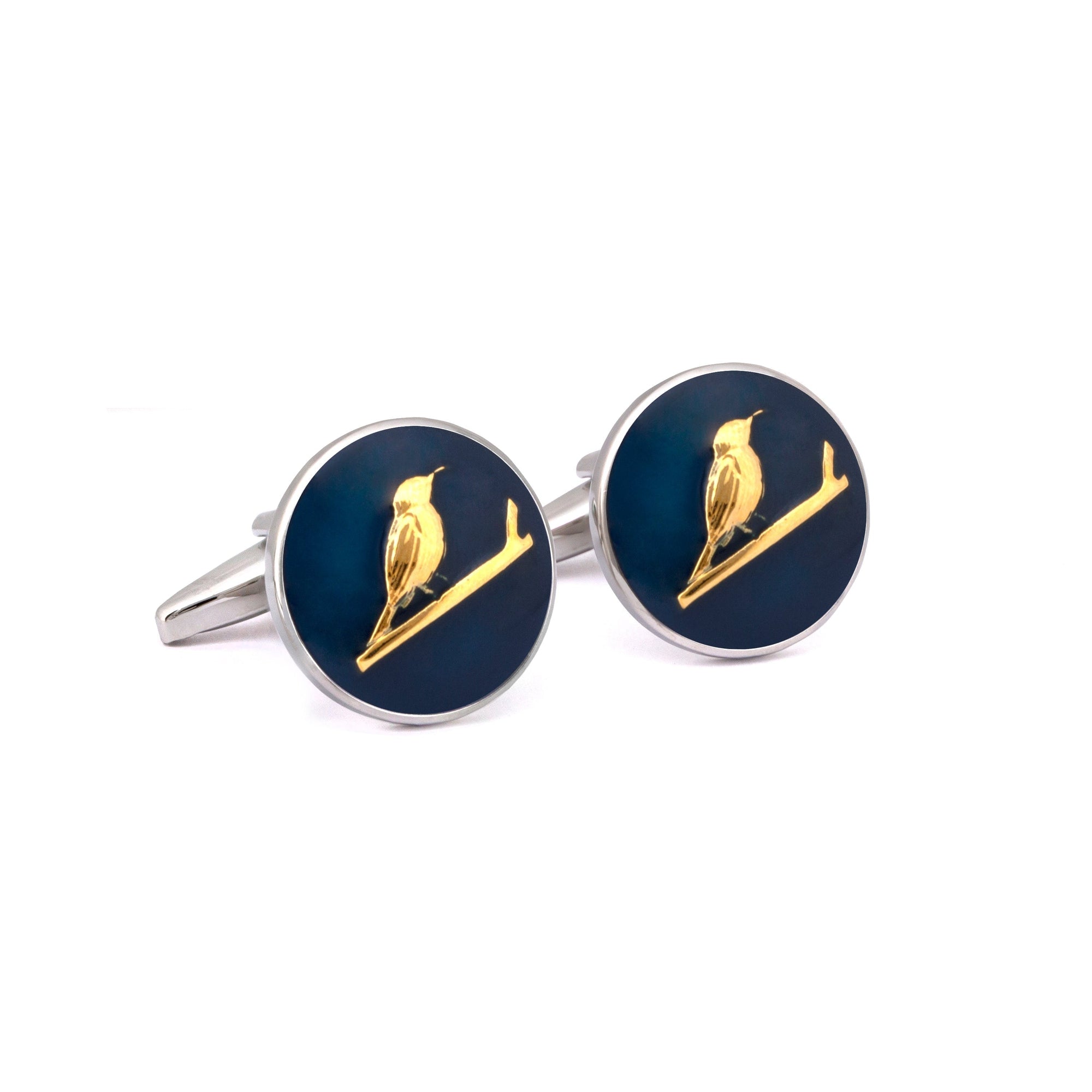 MarZthomson Botanic Series - Round Gold Sunbird Cufflinks in Dark Blue-Cufflinks.com.sg
