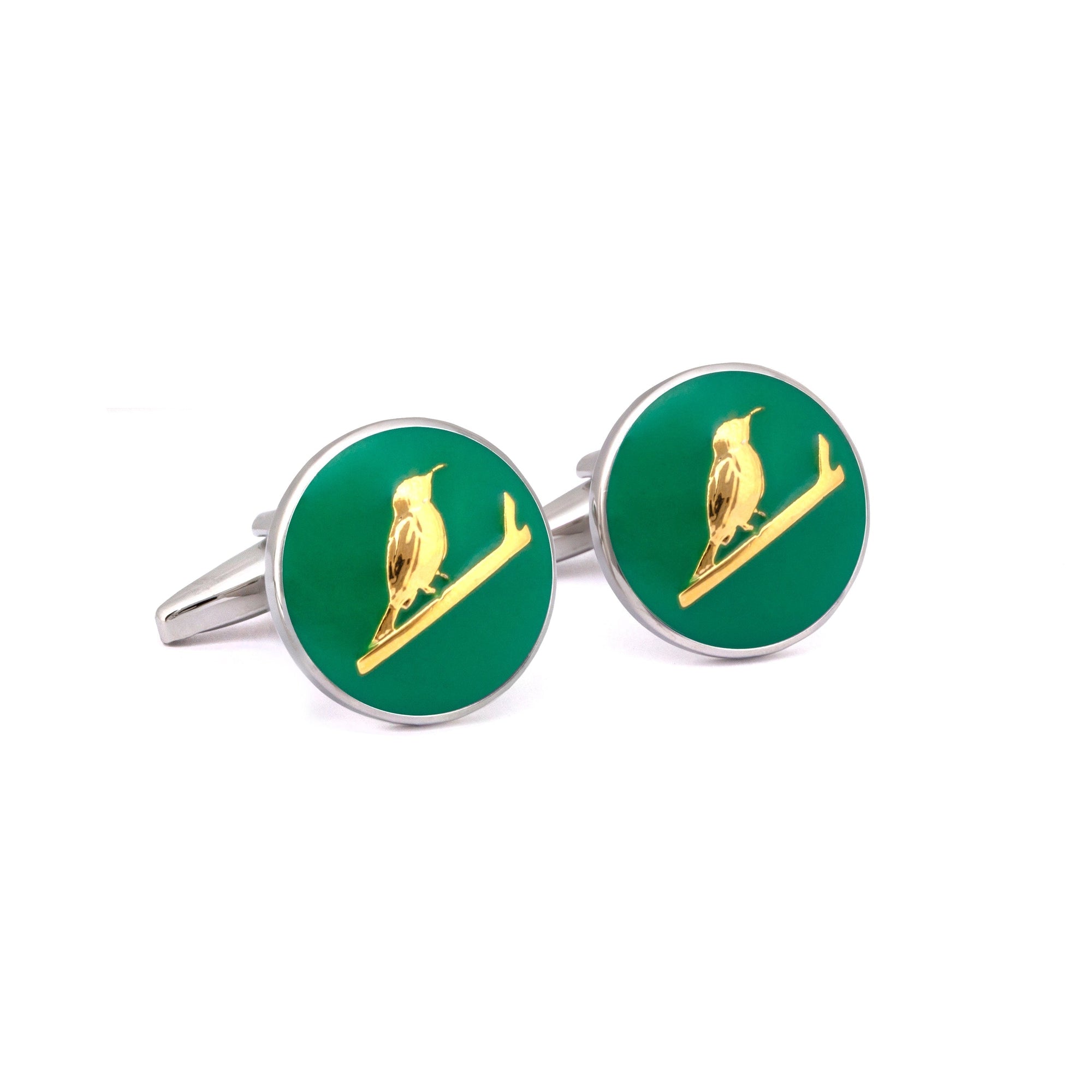 MarZthomson Botanic Series - Round Gold Sunbird Cufflinks in Green-Cufflinks.com.sg