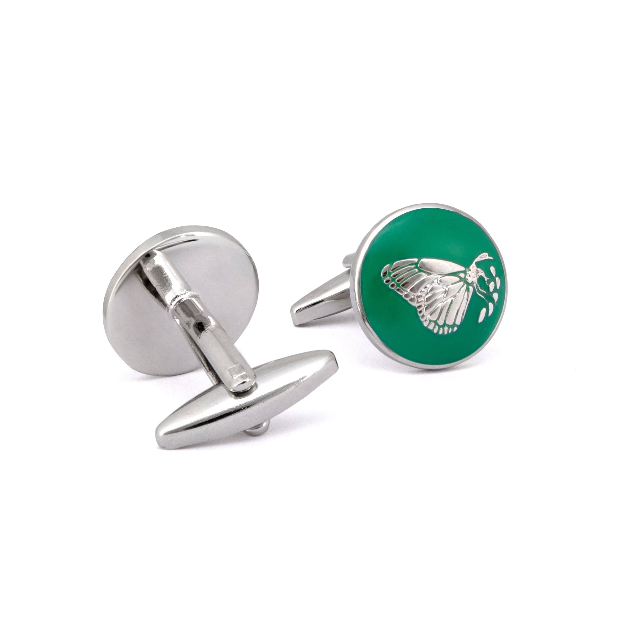 MarZthomson Botanic Series - Round Silver Butterfly Cufflinks in Green-Cufflinks.com.sg
