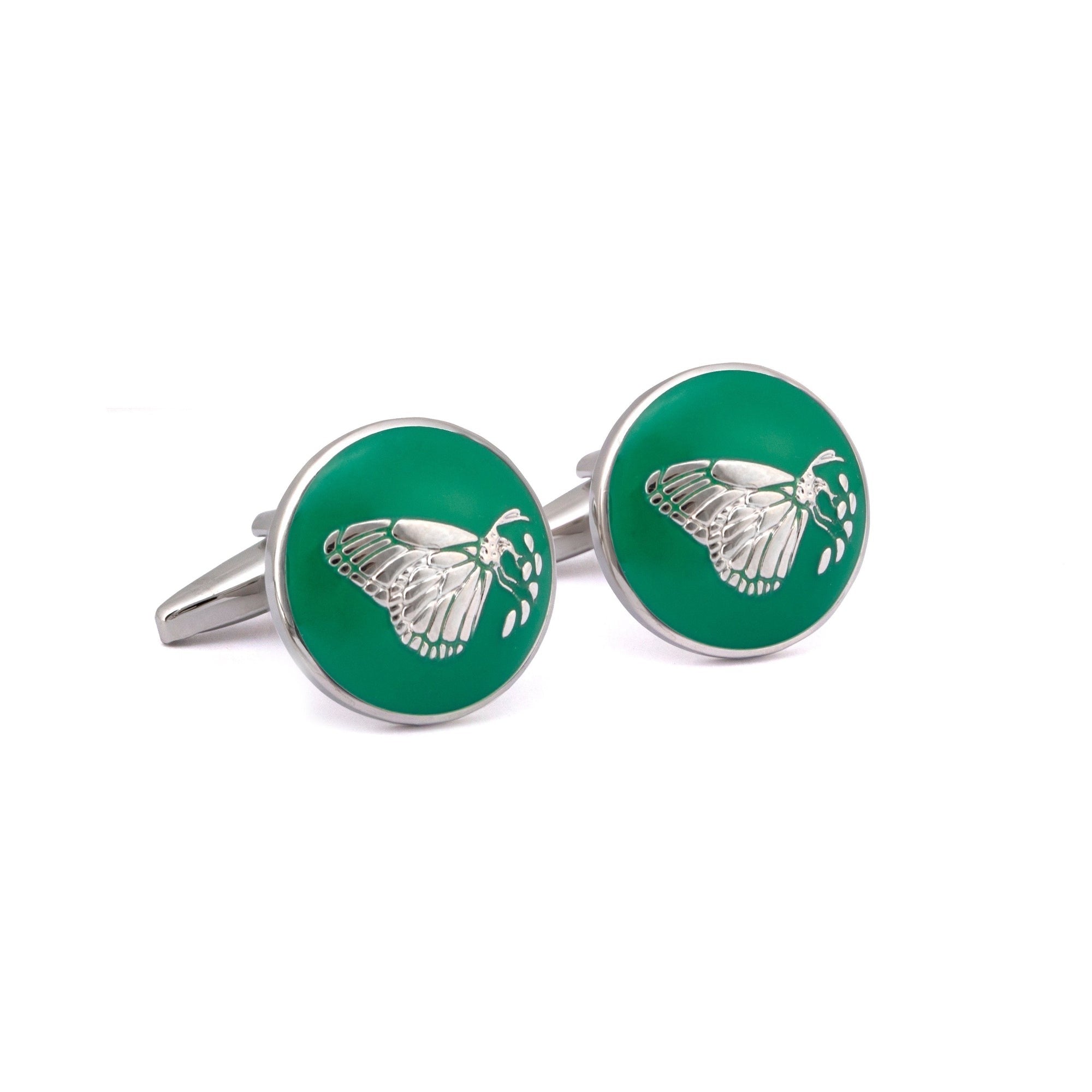 MarZthomson Botanic Series - Round Silver Butterfly Cufflinks in Green-Cufflinks.com.sg