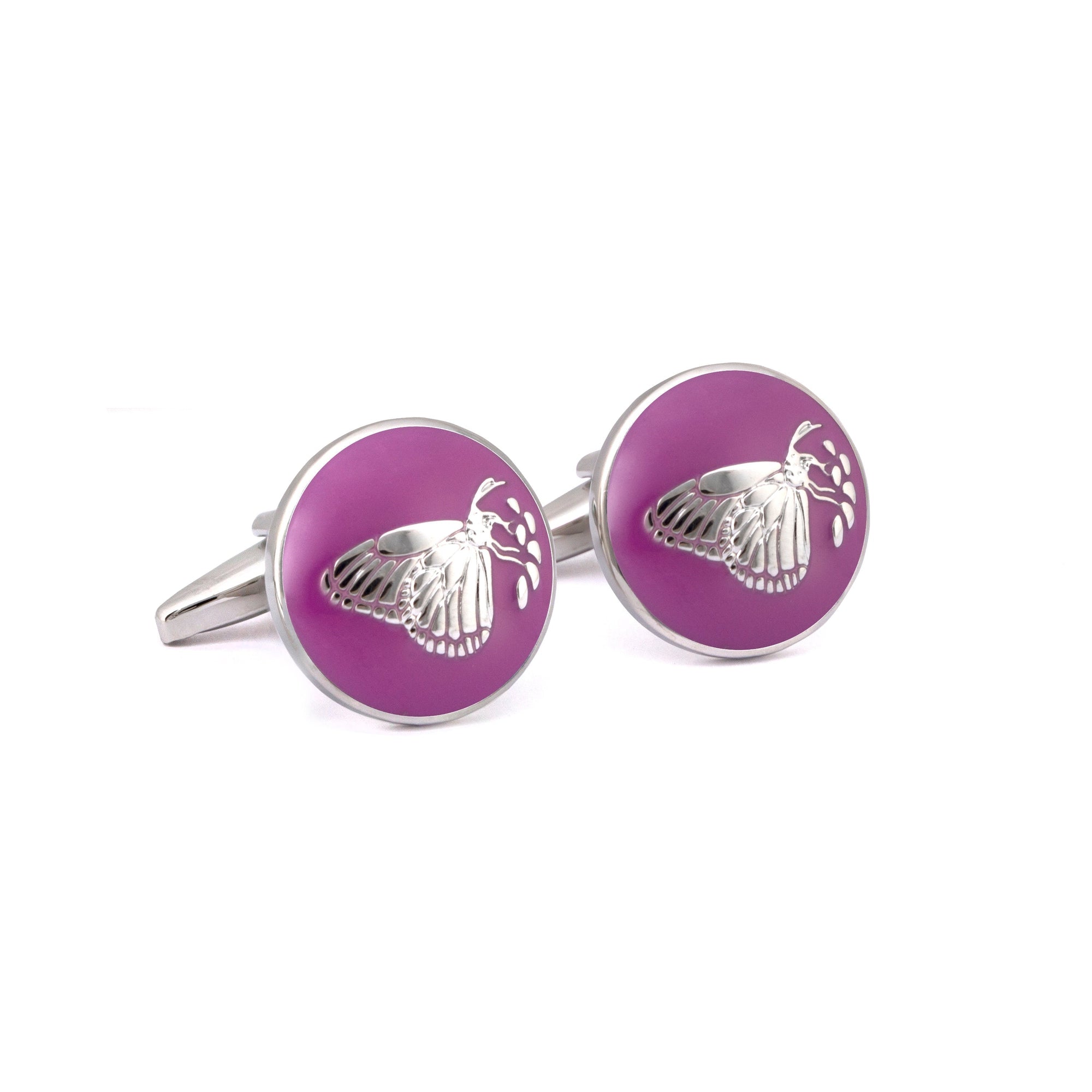 MarZthomson Botanic Series - Round Silver Butterfly Cufflinks in Purple-Cufflinks.com.sg