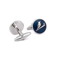 MarZthomson Botanic Series - Round Silver Sunbird Cufflinks in Dark Blue-Cufflinks.com.sg